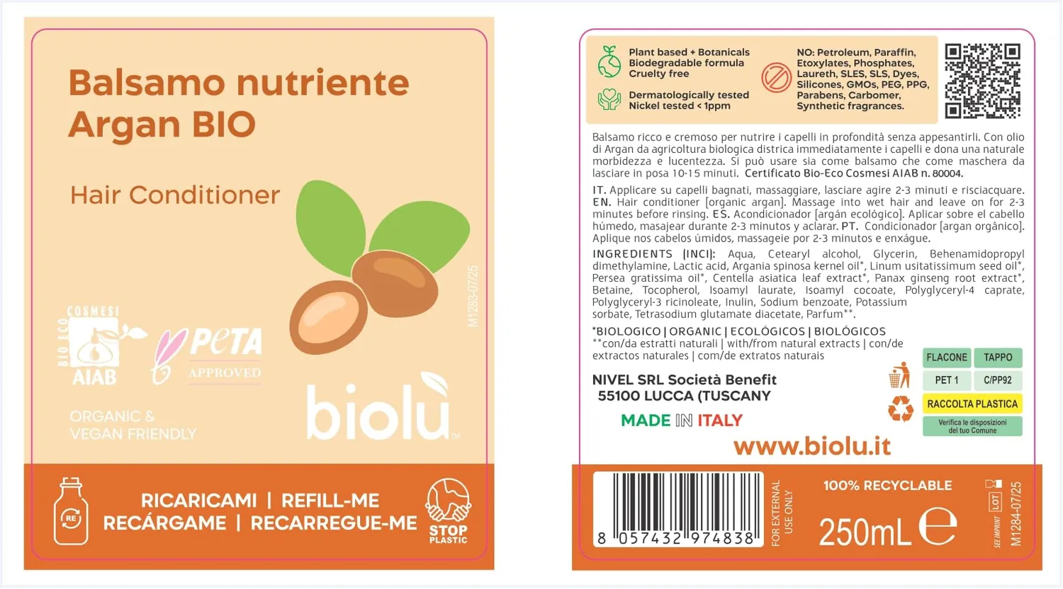 Biolù Balsamo Nutriente Argan Bio balsamo 250 ml senza siliconi