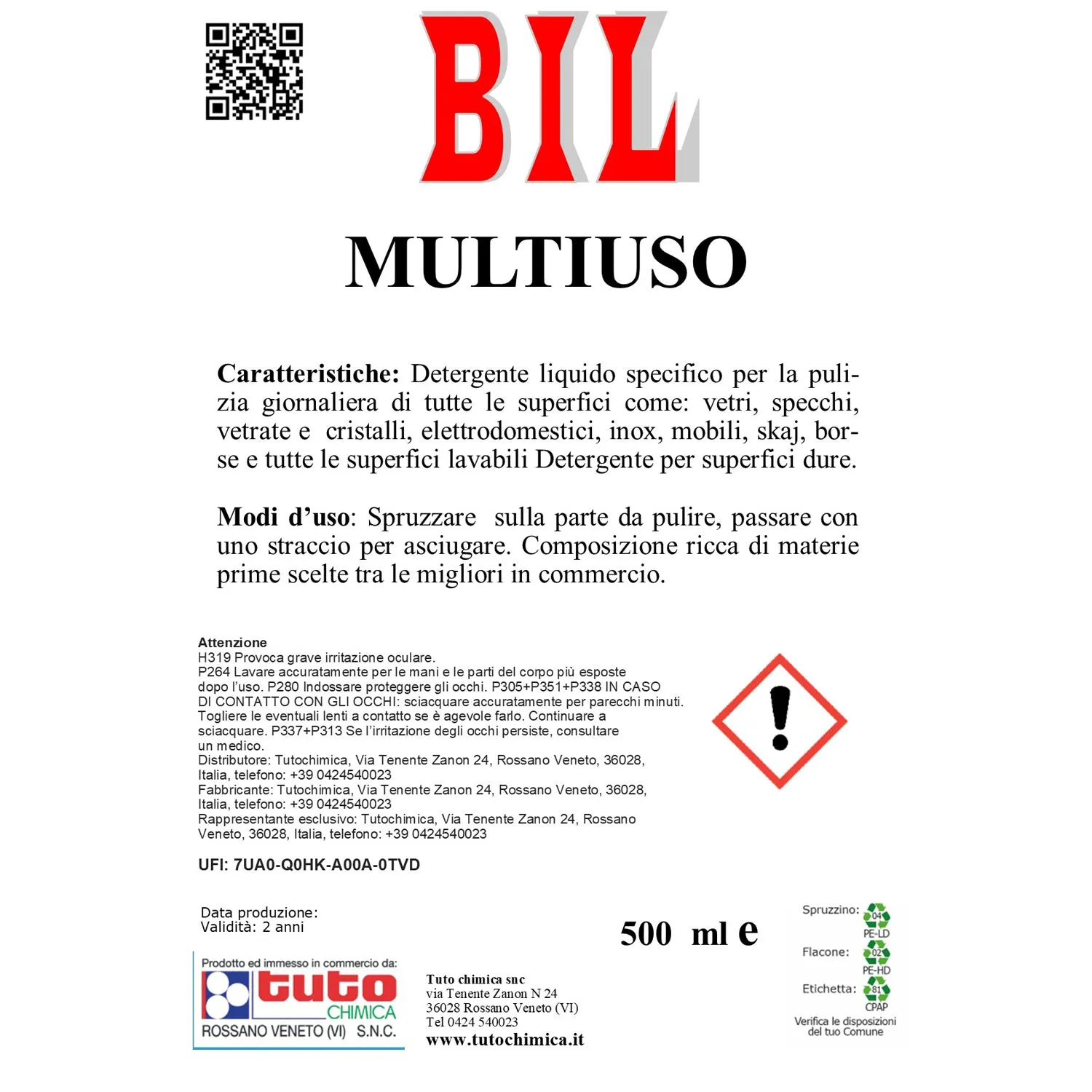 Tuto Chimica Bil detergente multiuso spray 500 ml vetri e superfici