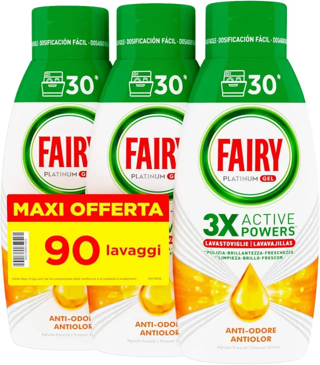 Fairy Platinum gel lavastoviglie limone 3 bottiglie 90 lavaggi
