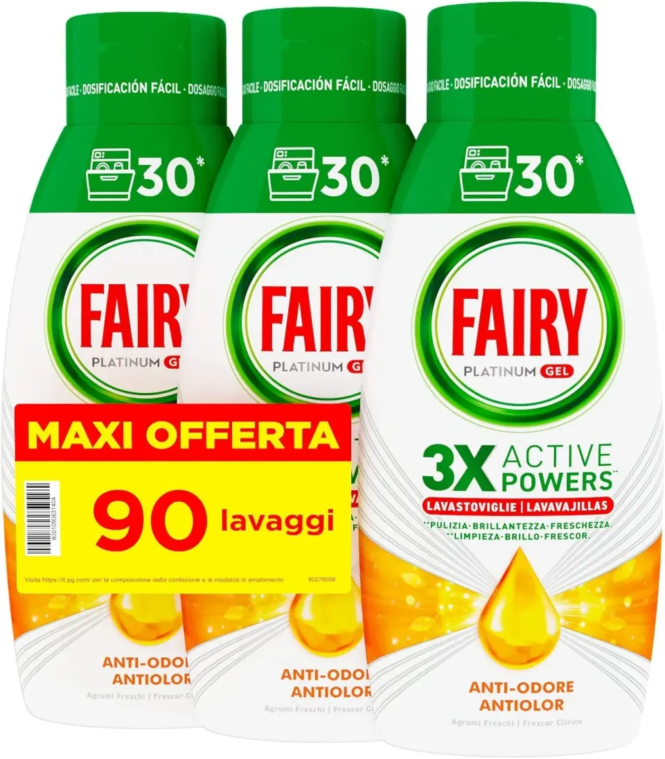 Fairy Platinum gel lavastoviglie limone 3 bottiglie 90 lavaggi