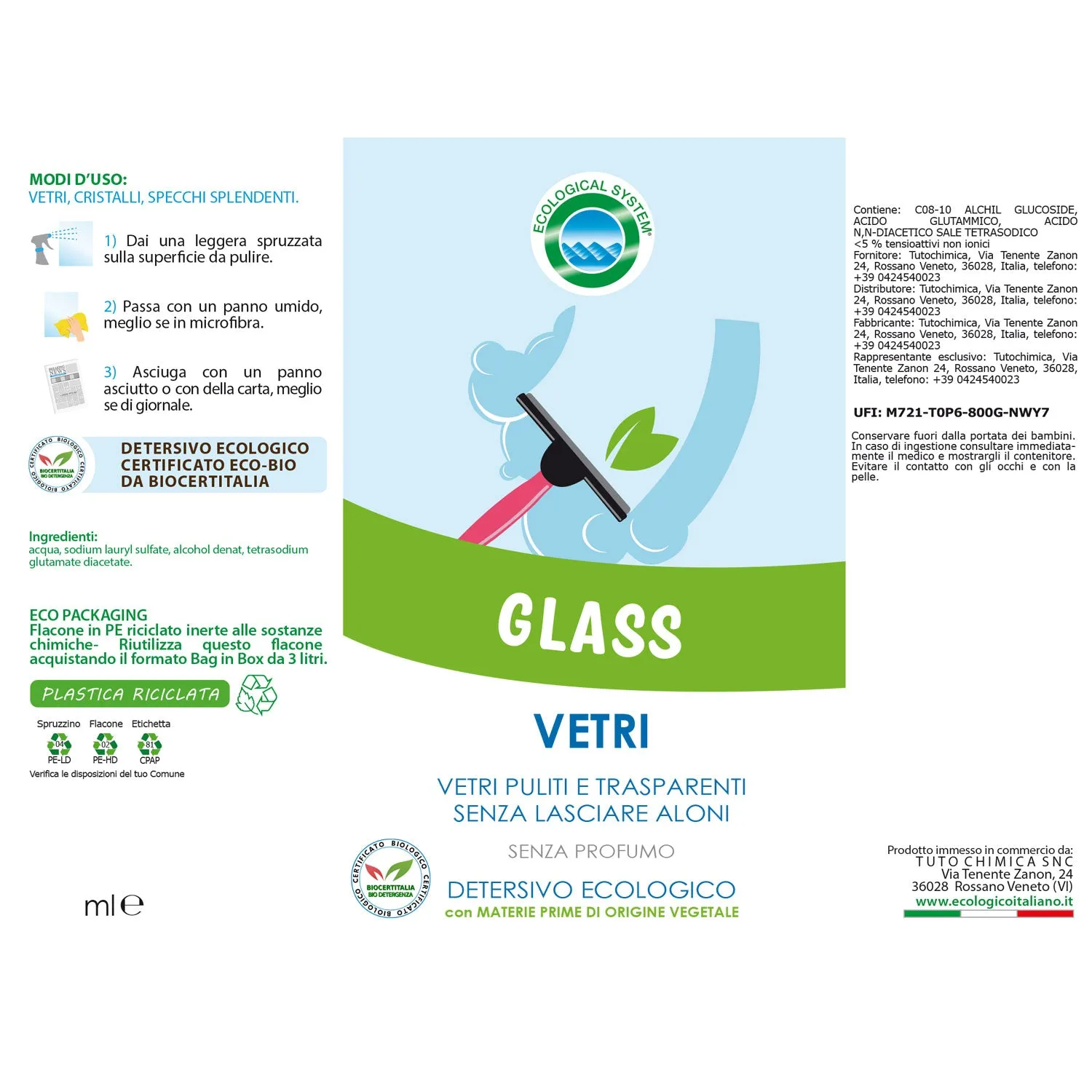 Tuto Chimica Ecological System Detergente Vetri 500 ml Senza Profumo