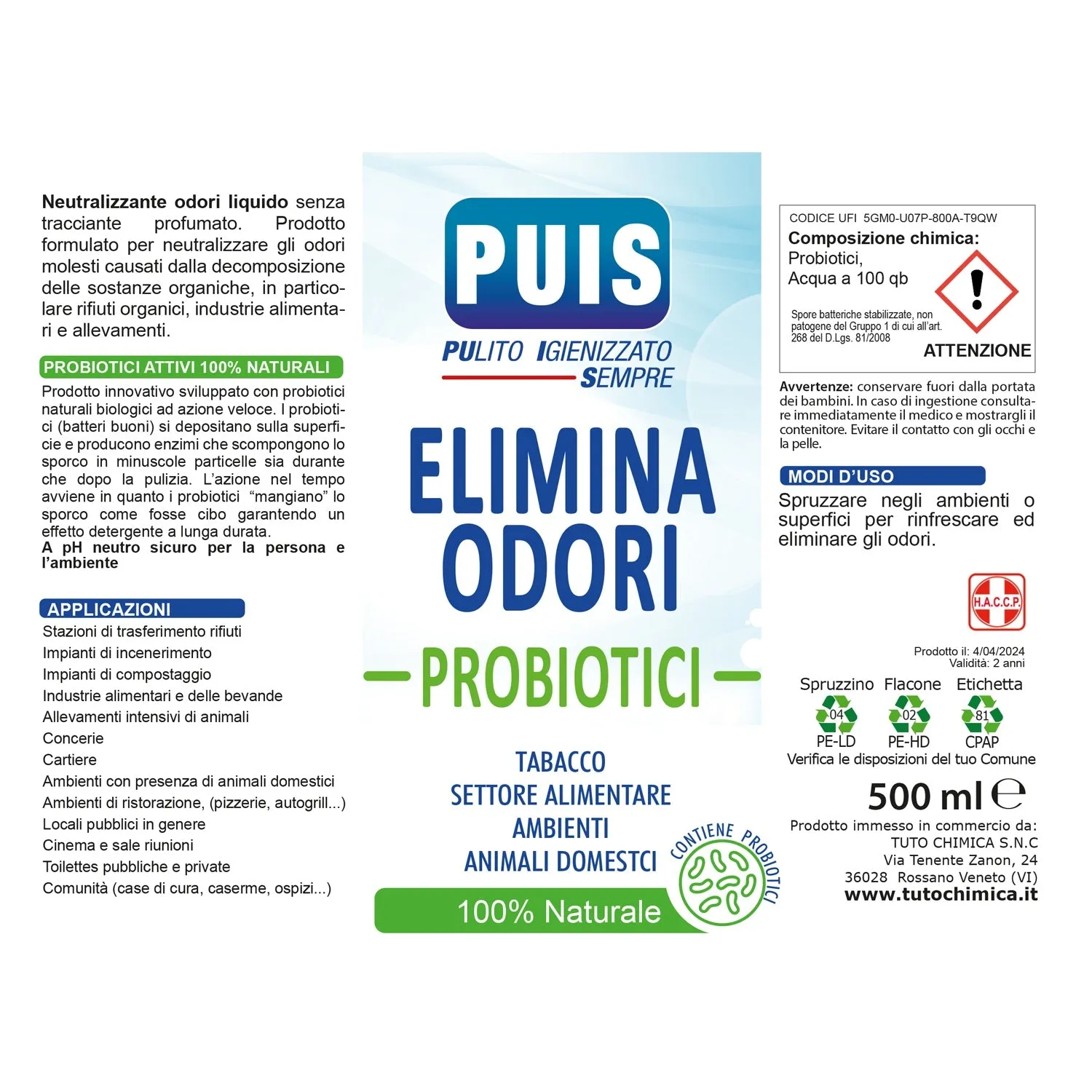 Tuto Chimica Puis Elimina Odori spray probiotici 500ml pH neutro