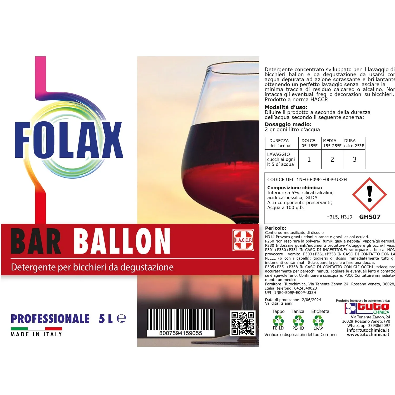 Folax Bar Ballon detergente calici vino 5 L horeca