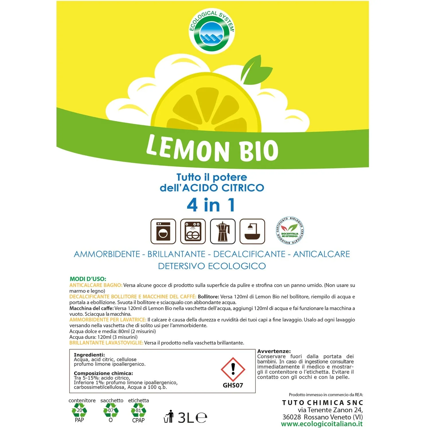 Tuto Chimica Lemon Bio kit anticalcare 500 ml + 450 g acido citrico