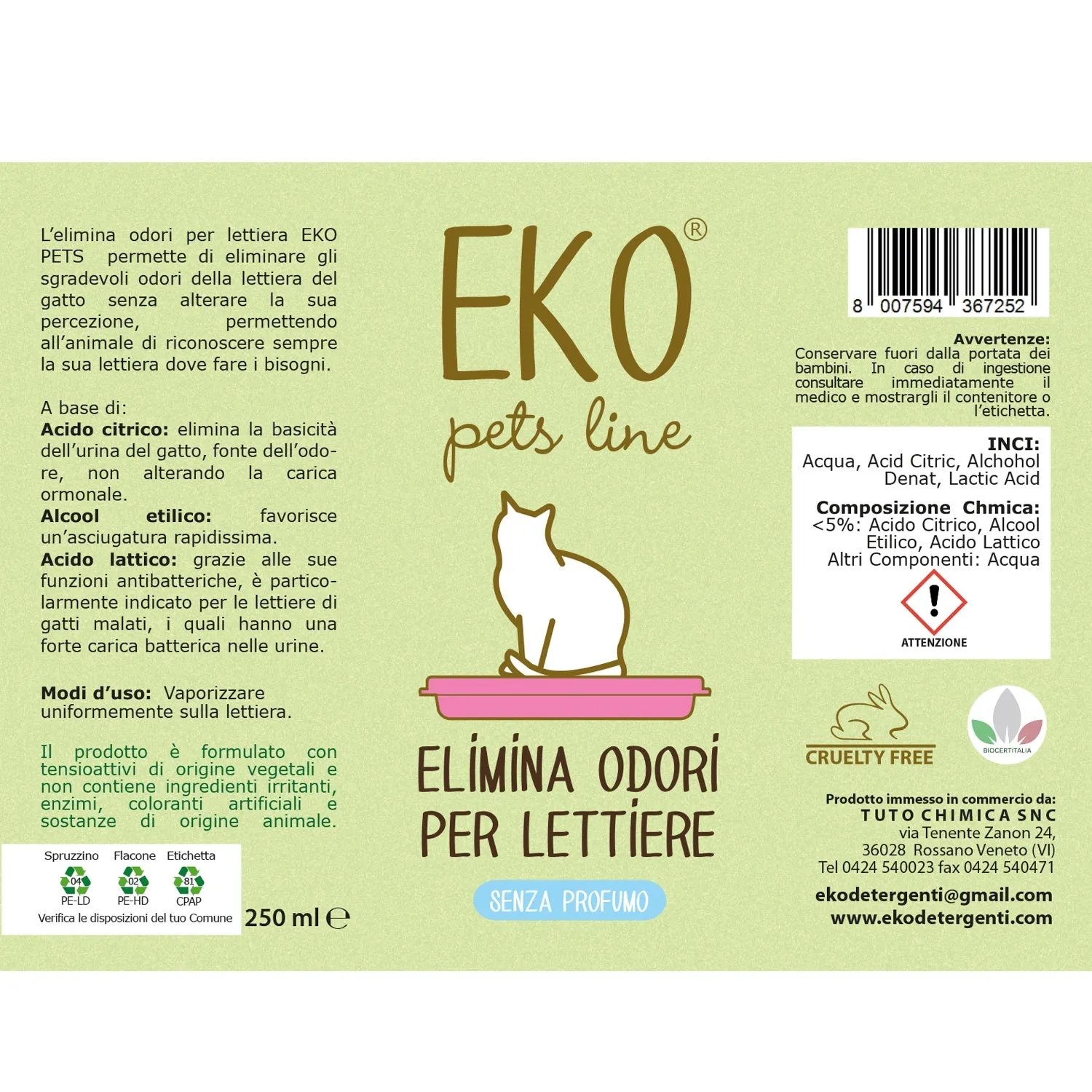 Tuto Chimica Eko Pets Elimina Odori spray 250ml acido citrico