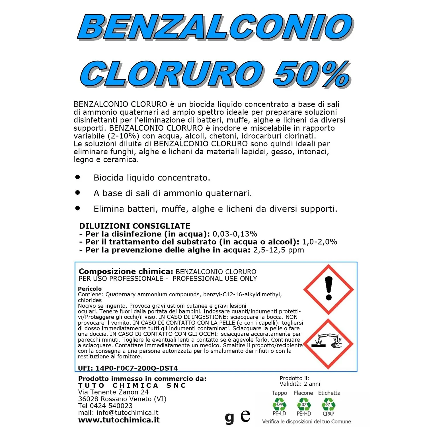 Tuto Chimica Benzalconio Cloruro 50% concentrato 500 gr