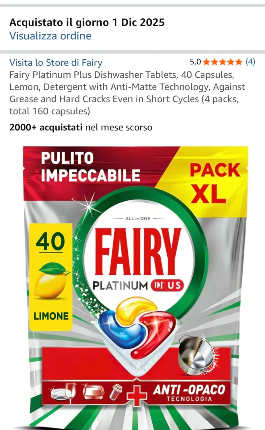 Fairy Platinum Plus pastiglie lavastoviglie 40 caps limone