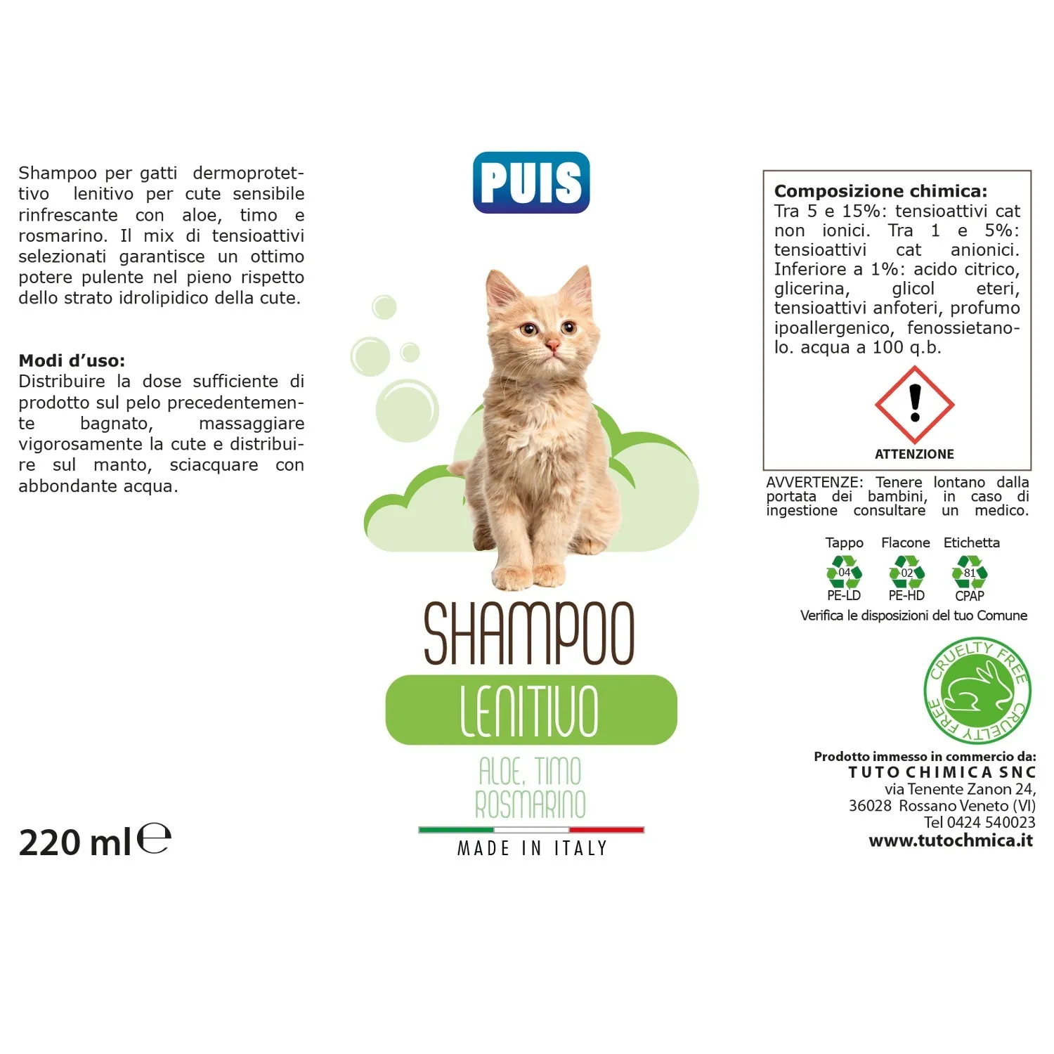 Puis Aloe Timo Rosmarino shampoo gatto 220ml lenitivo