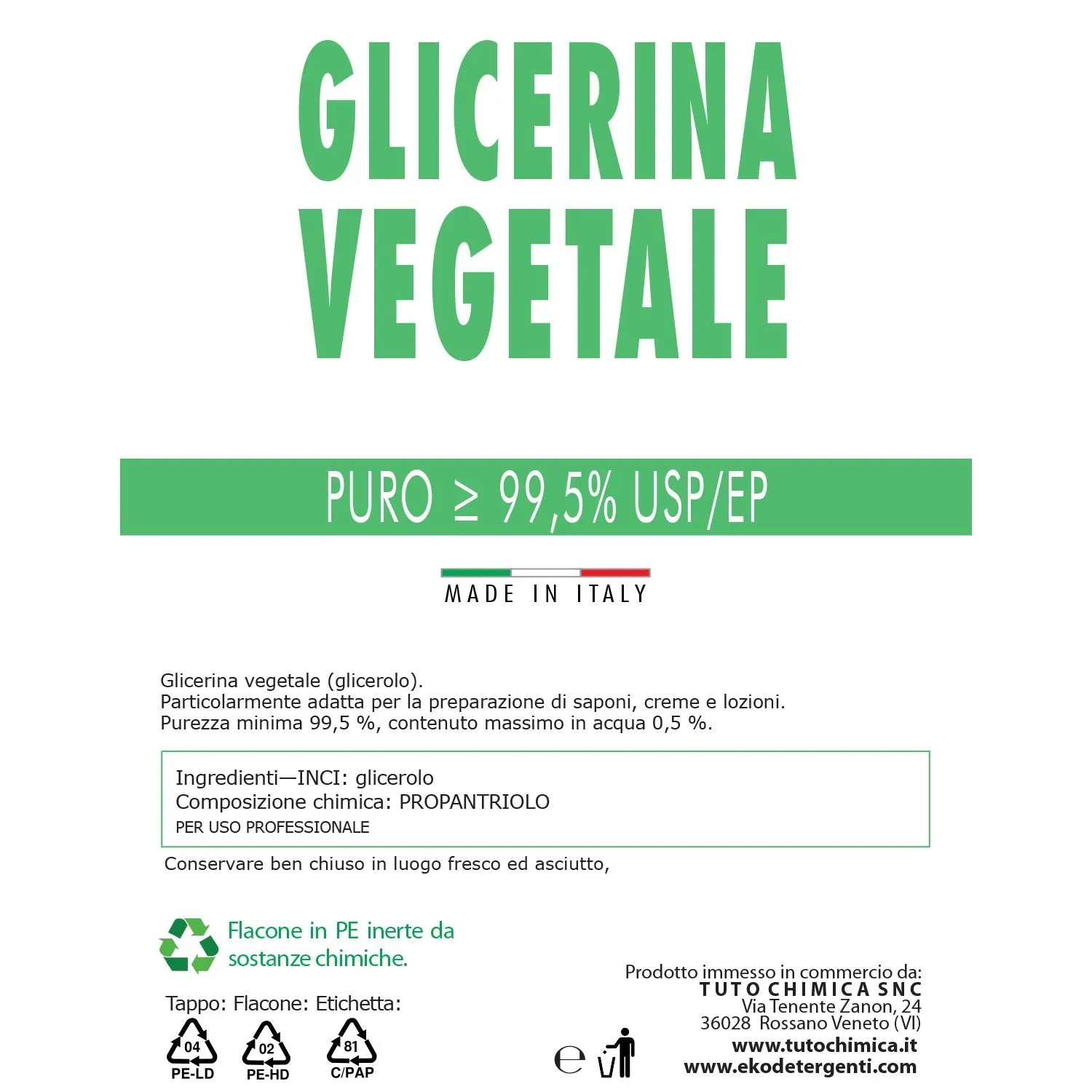 Tuto Chimica Glicerina Vegetale 99,5% cosmetica 500 g pura