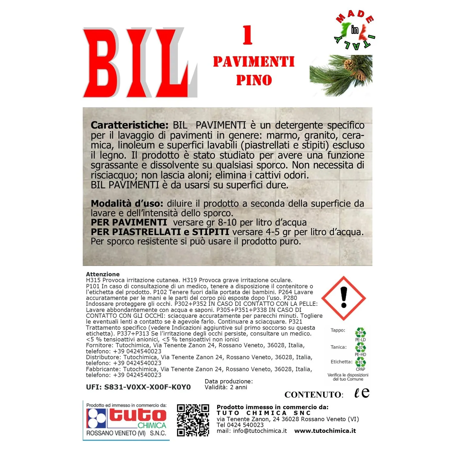 Tuto Chimica Bil 1 detergente pavimenti pino 1L senza risciacquo