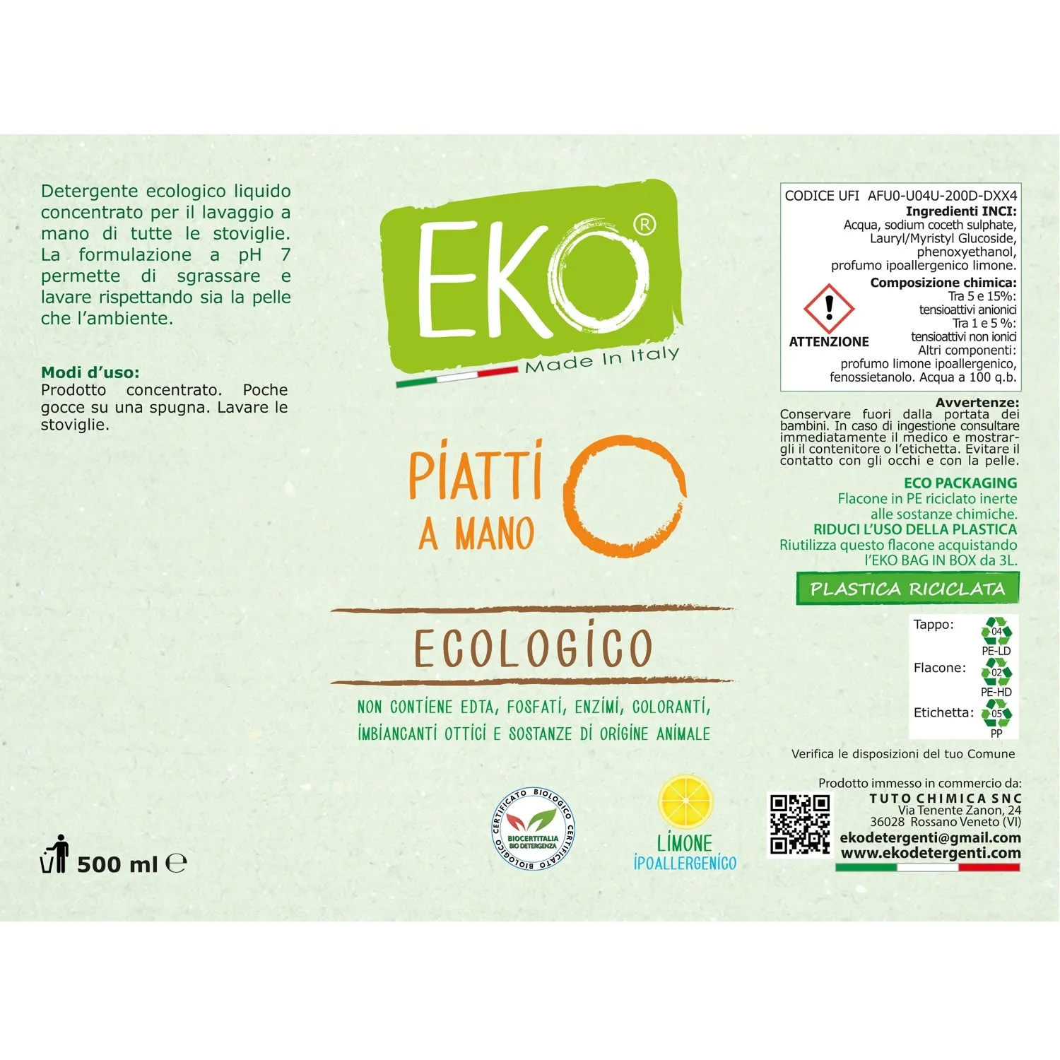 Tuto Chimica Eko Bag in Box Kit detersivo piatti limone 3L+500ml