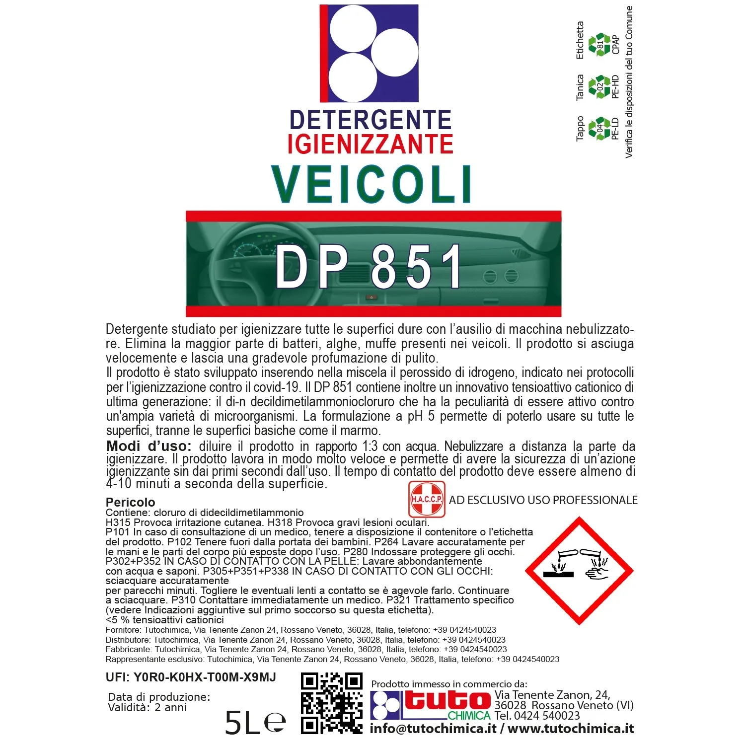 Tuto Chimica DP 851 igienizzante interni veicoli 1L perossido