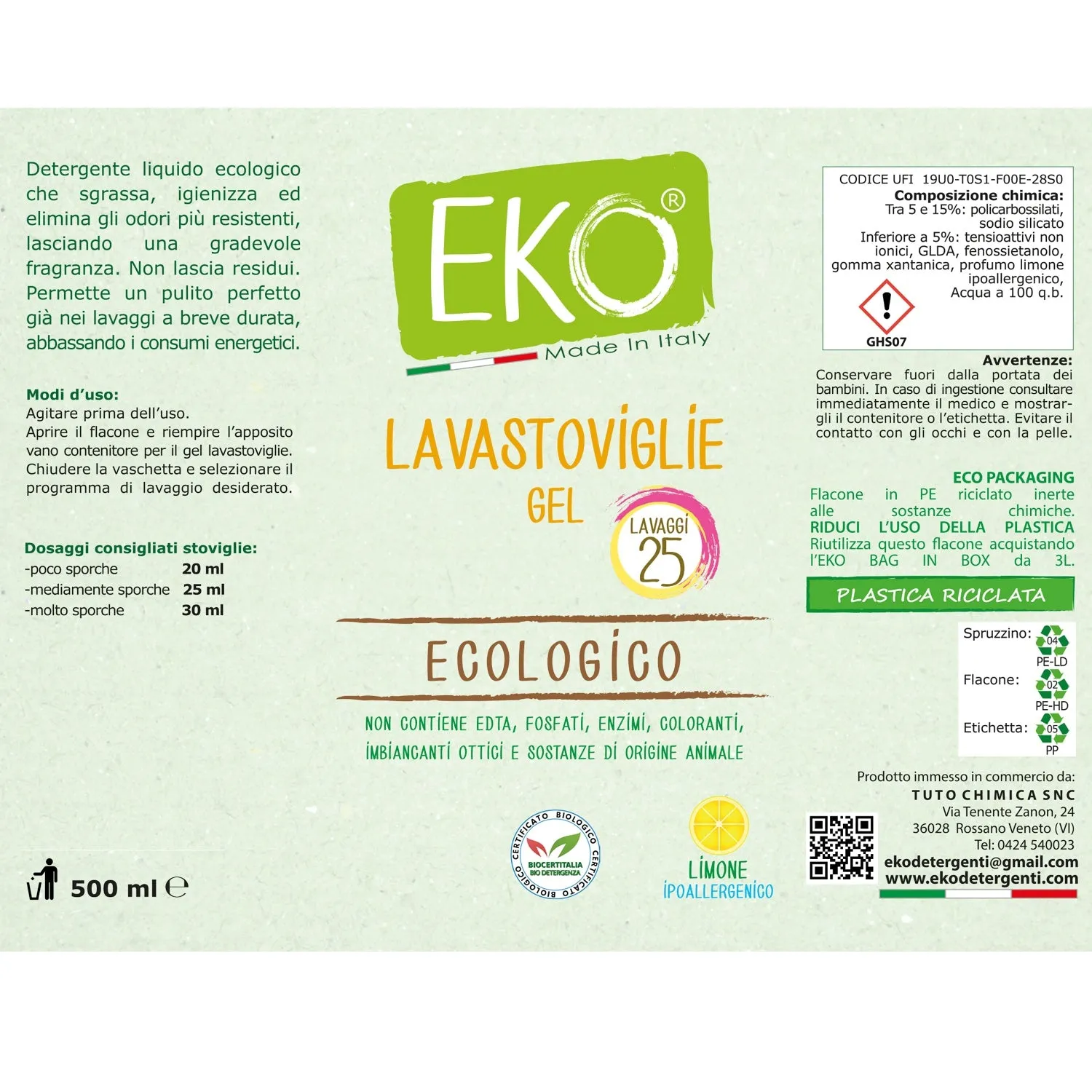 Tuto Chimica Eko Kit Lavastoviglie Gel 3 L+500 ml Limone