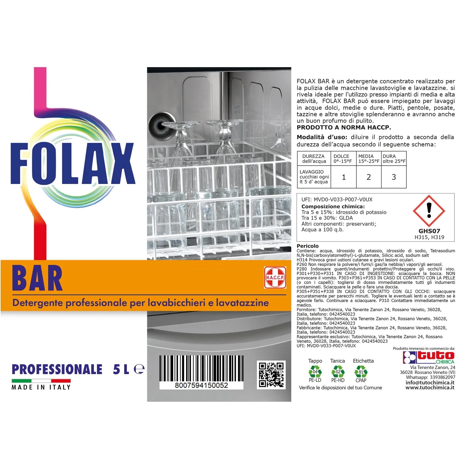 Tuto Chimica Folax Bar detergente lavastoviglie 5 L professionale