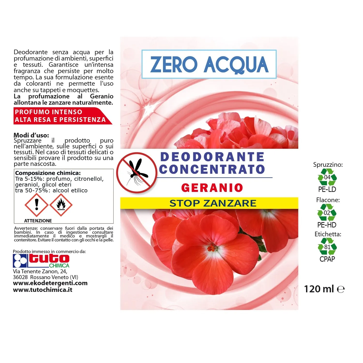 Tuto Chimica Anti Zanzare Geranio deodorante spray ambiente 120ml zero acqua
