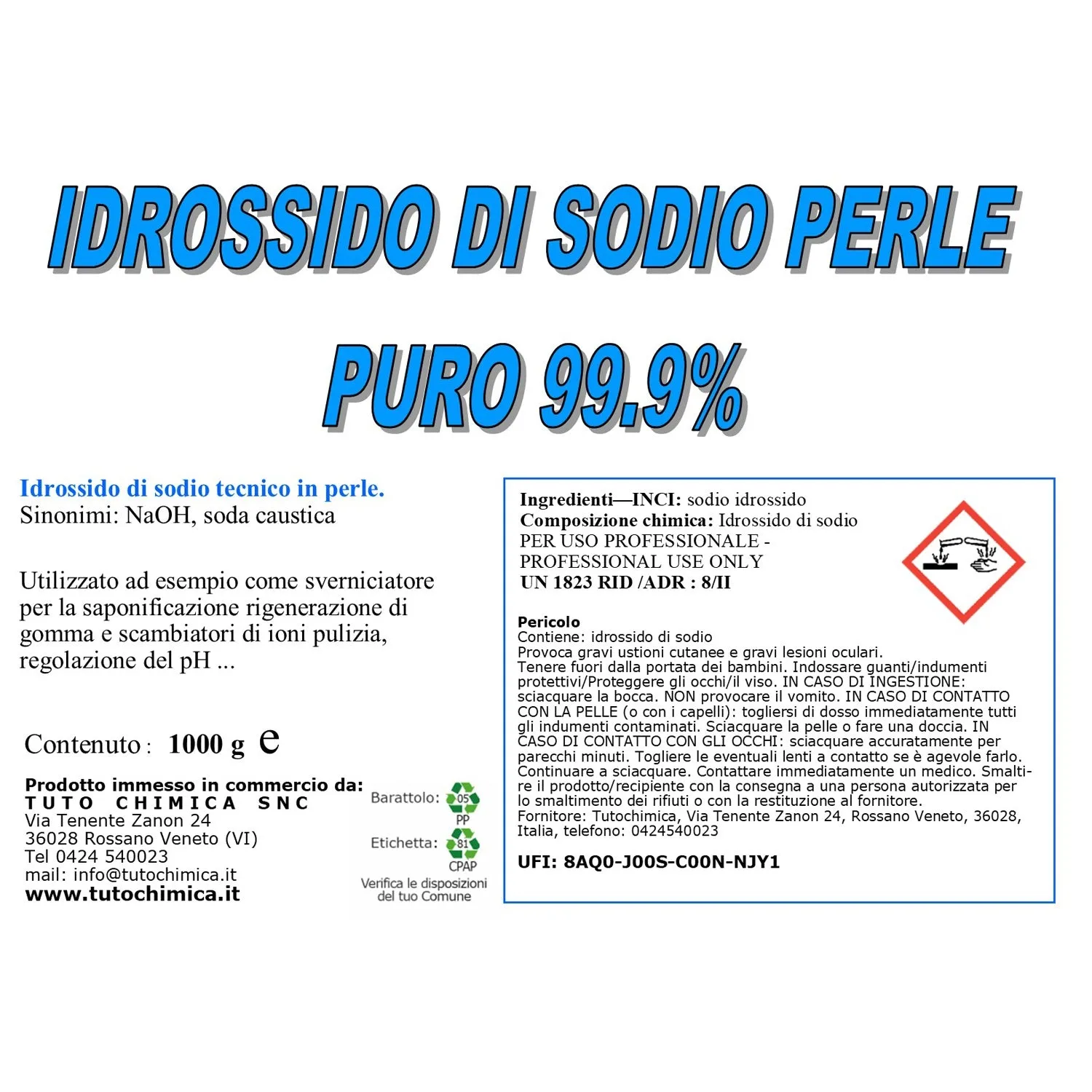 Tuto Chimica Idrossido di Sodio perle 1 kg puro 99,9%