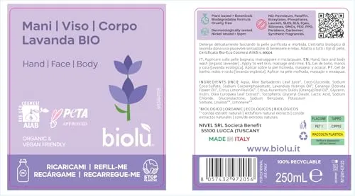 Biolù Mani Viso Corpo Detergente Lavanda 250ml Idratante