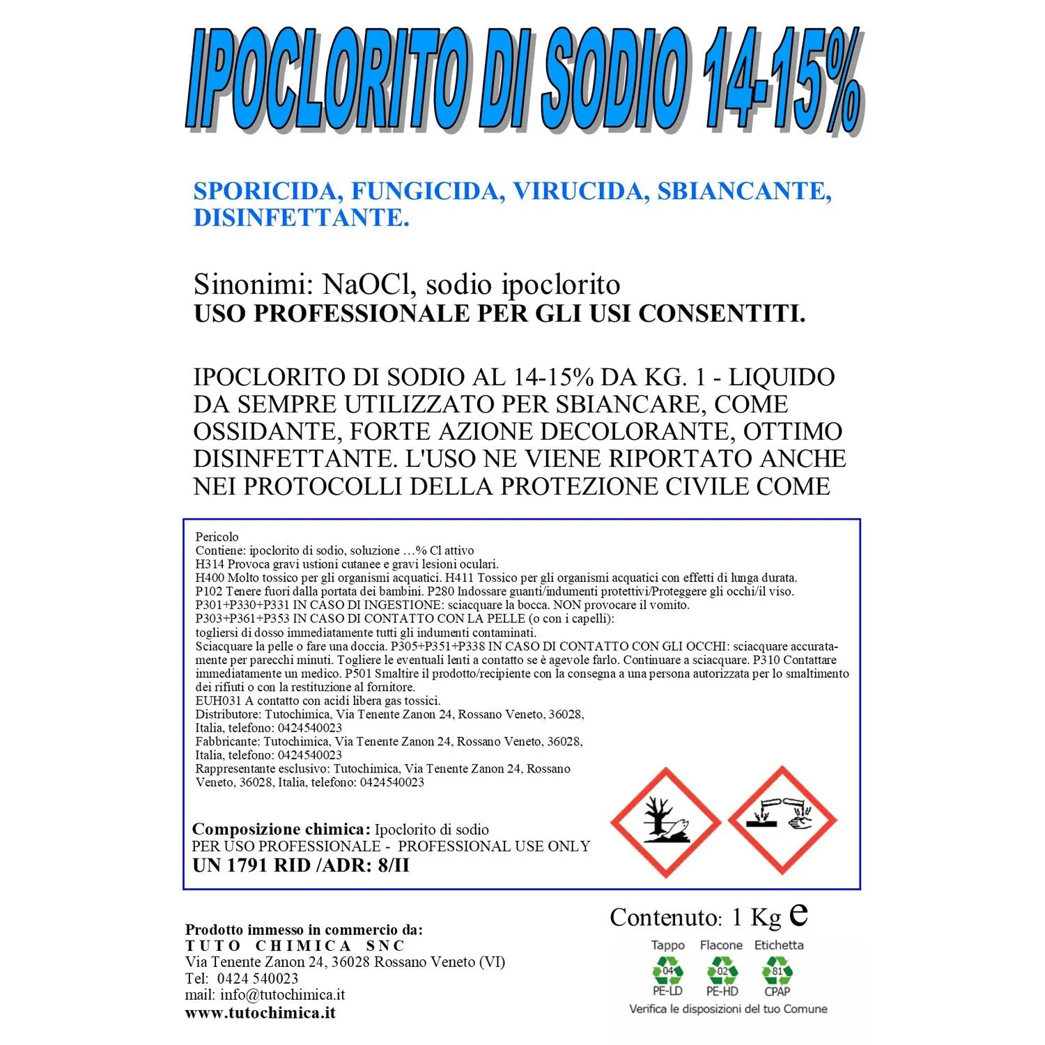 Tuto Chimica Ipoclorito di Sodio 14/15% detergente igienizzante professionale
