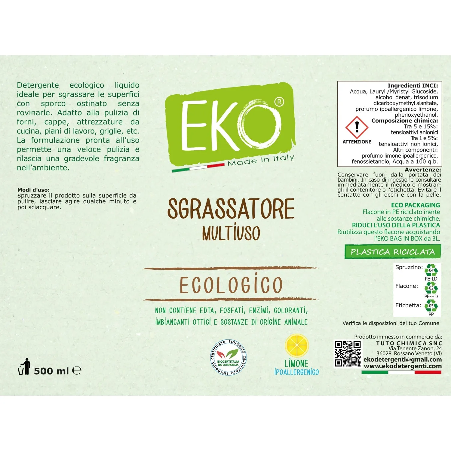 Tuto Chimica Eko Sgrassatore Multiuso Kit 3L+500ml ecologico