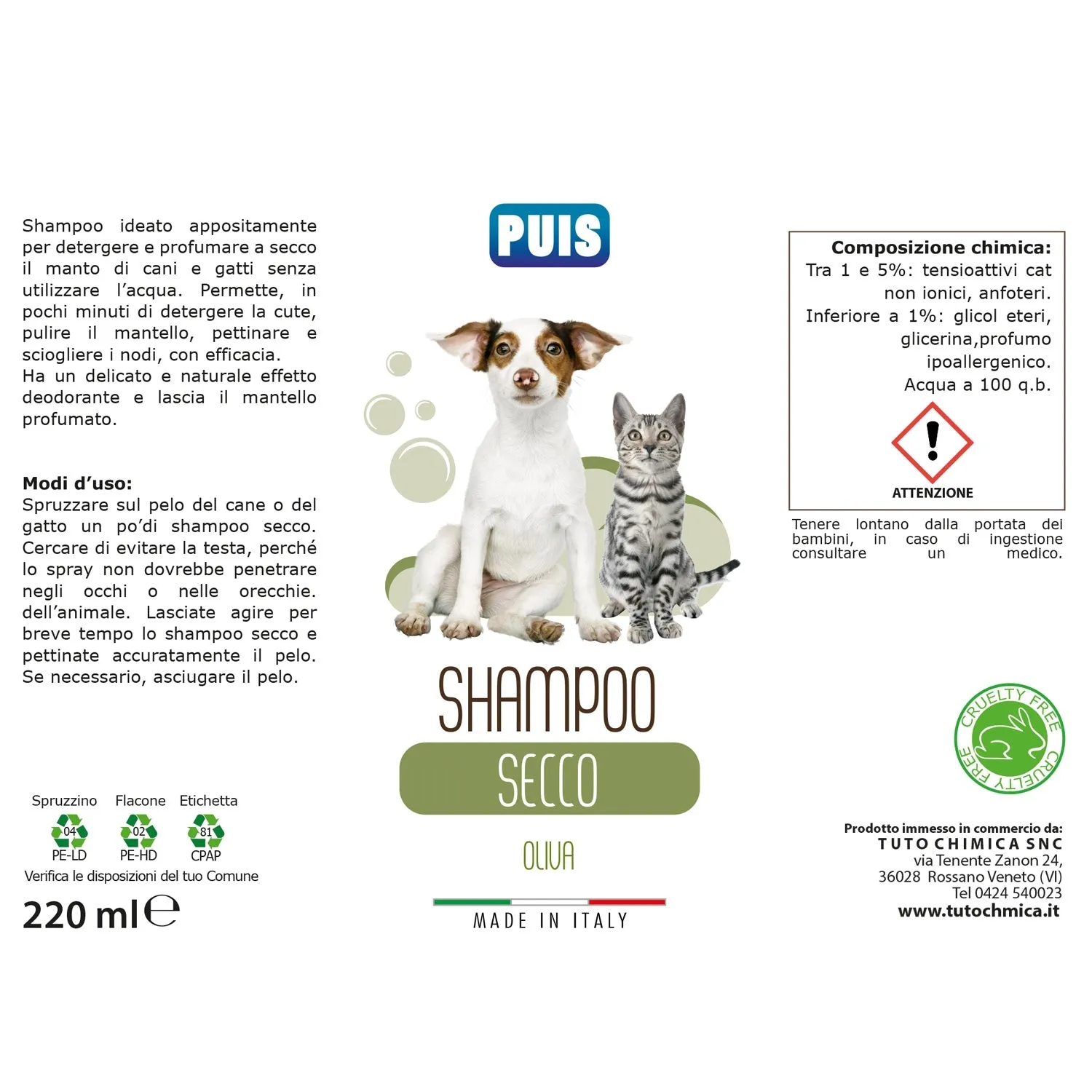 Tuto Chimica Puis shampoo secco cani e gatti 220ml oliva ipoallergenico