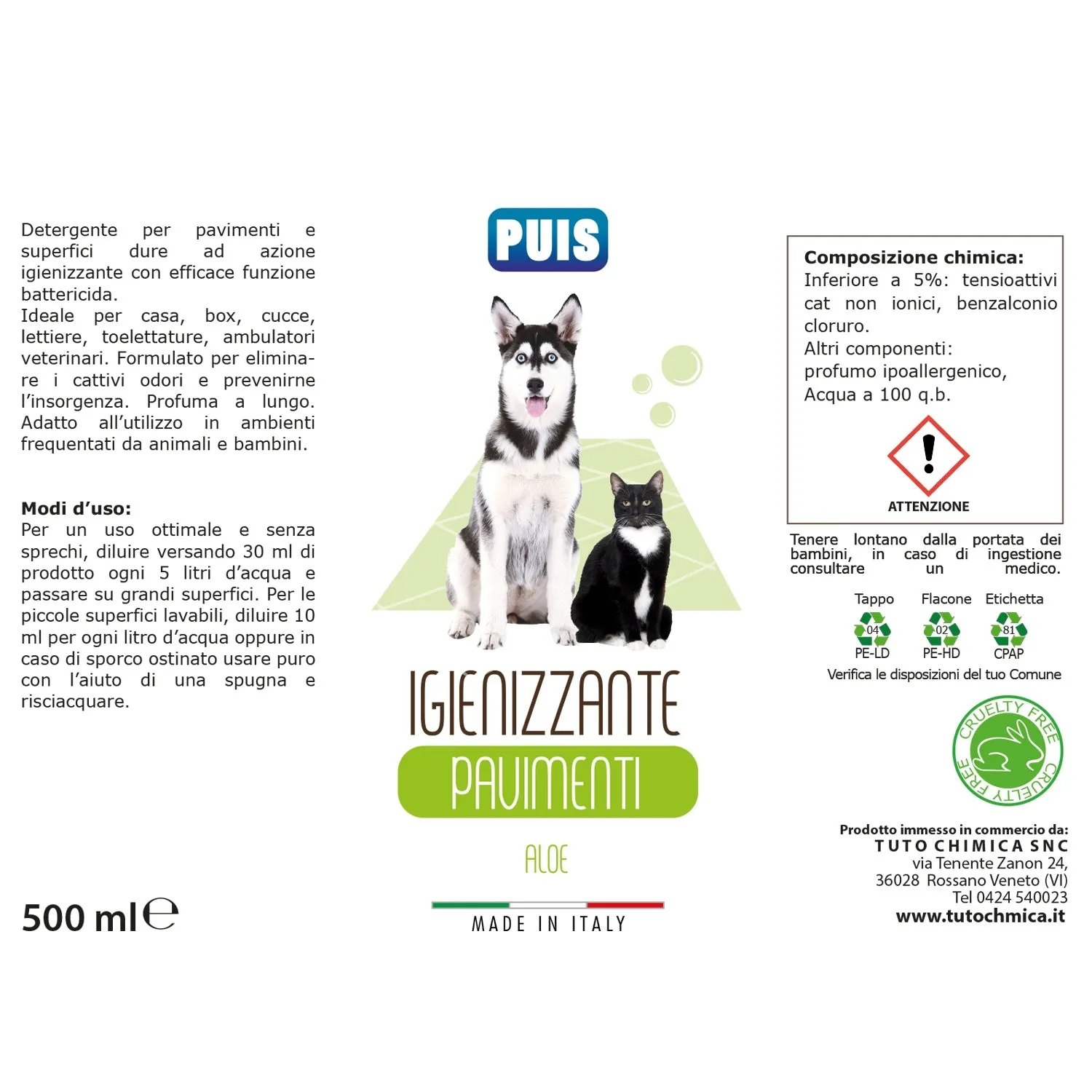Puis Aloe detergente pavimenti igienizzante 500ml animali