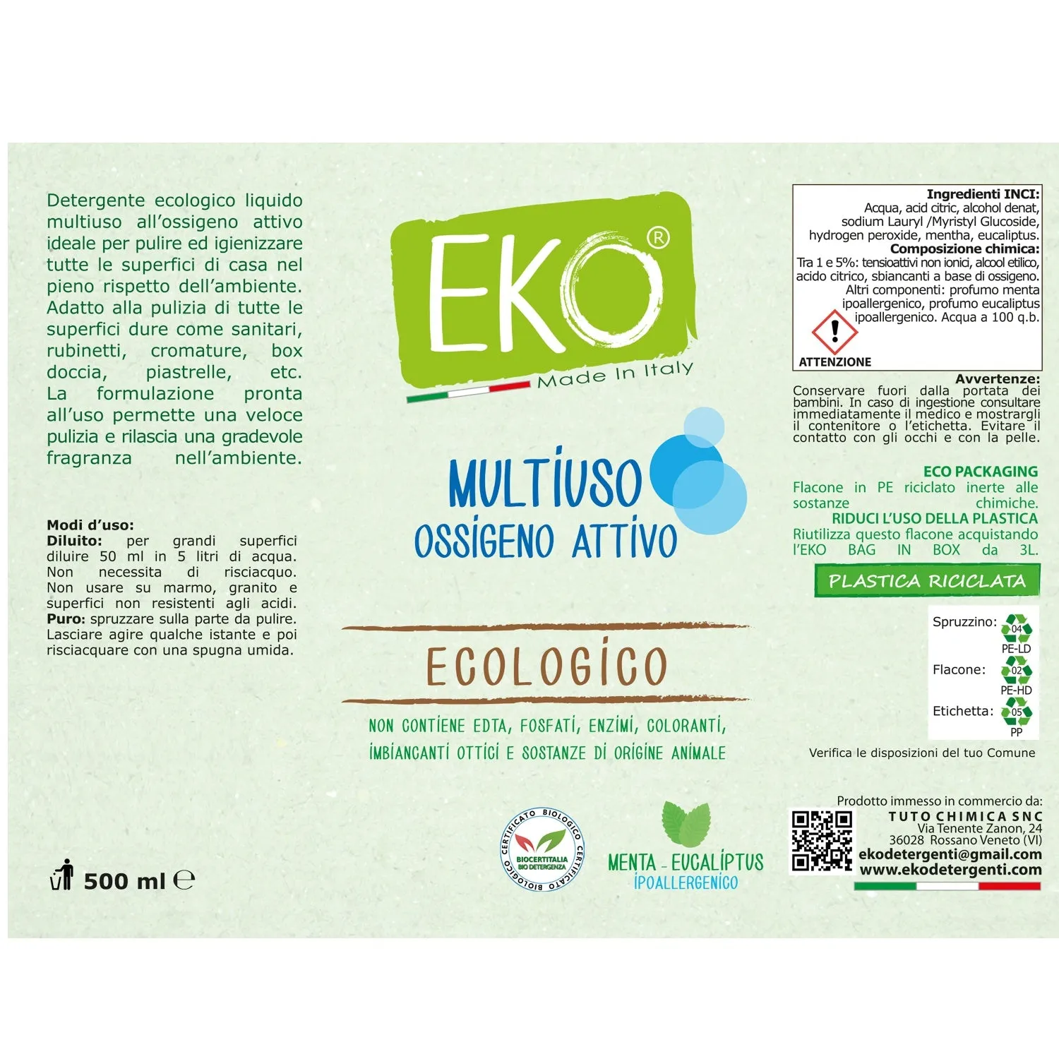 Tuto Chimica Eko Bag in Box Kit detergente multiuso 3L+500ml ossigeno