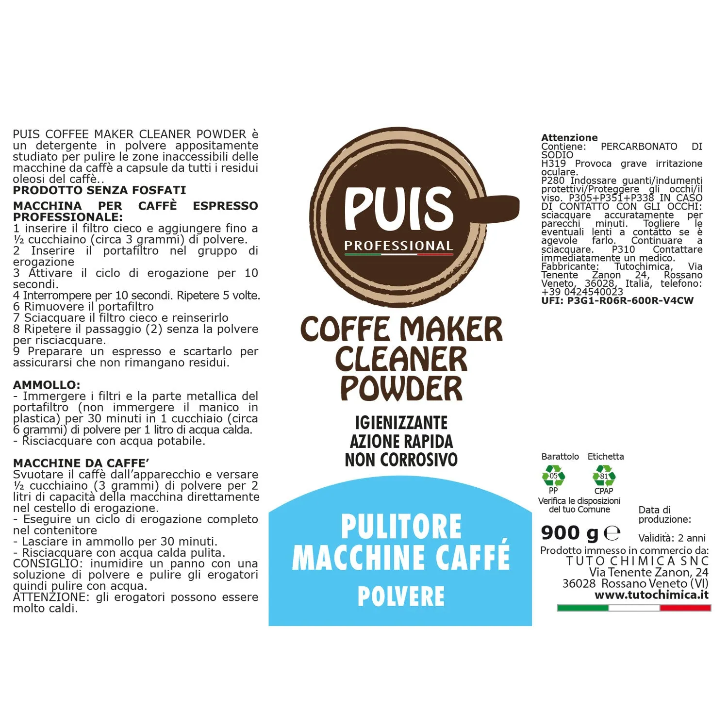 Puis Coffee Maker Cleaner polvere macchine caffè 900g ossigeno attivo