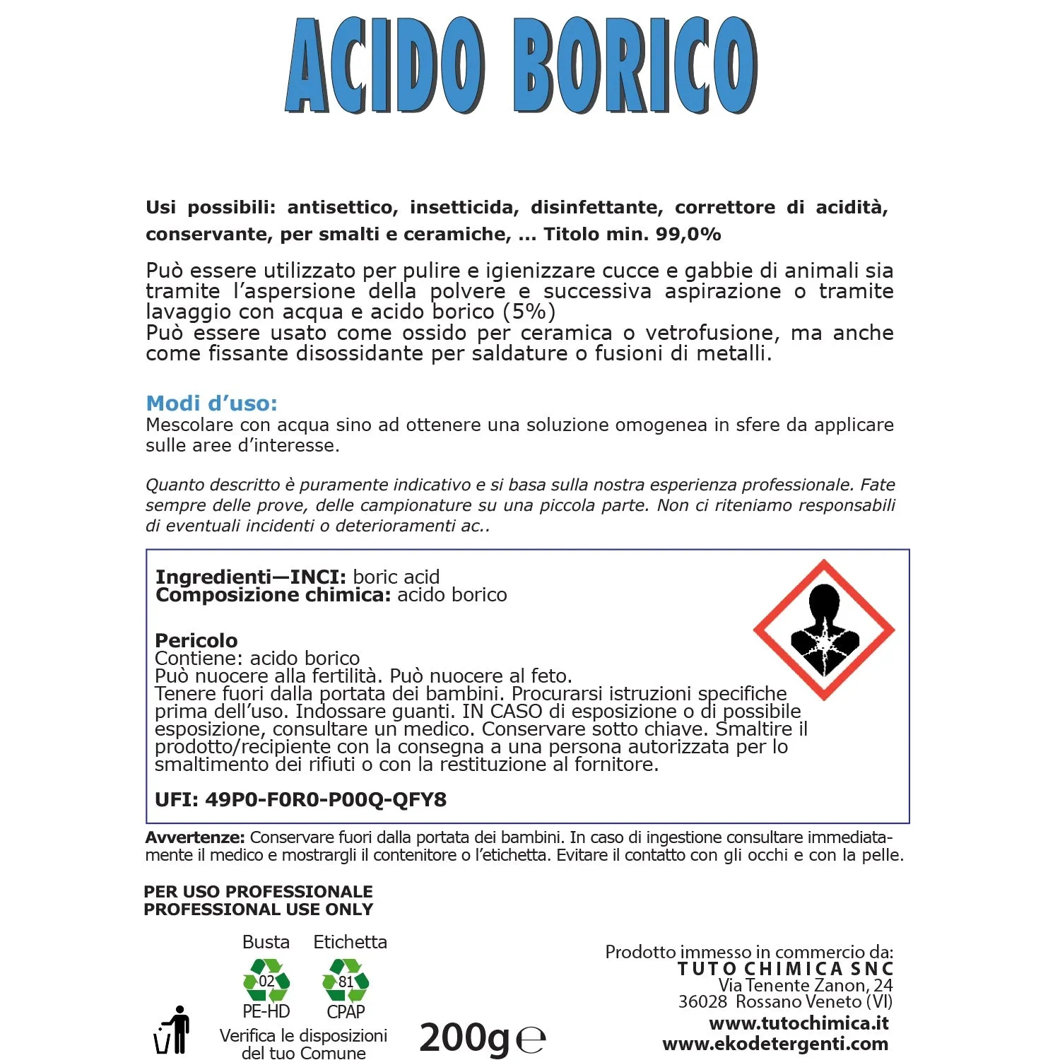 Tuto Chimica Acido Borico 99% polvere 500 g tecnico