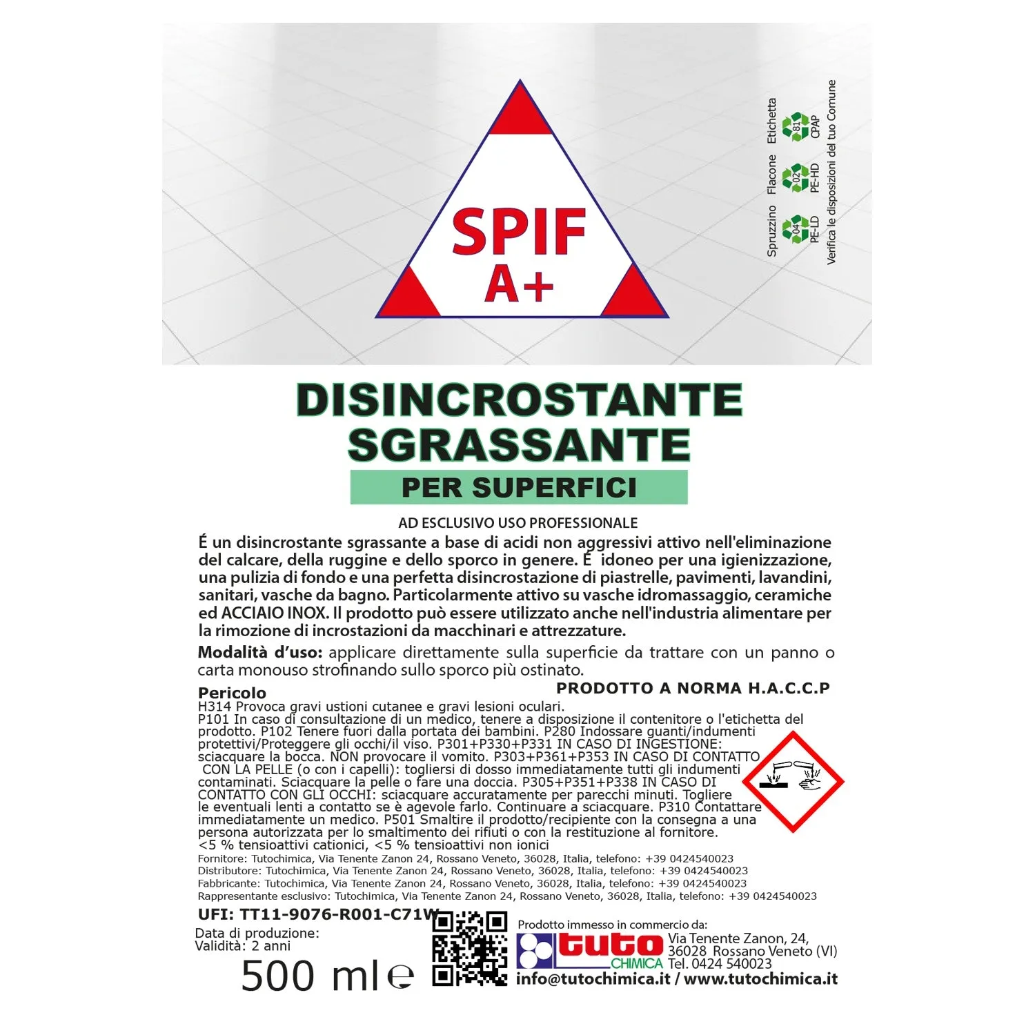 Tuto Chimica Spif A+ disincrostante anticalcare 500ml professionale