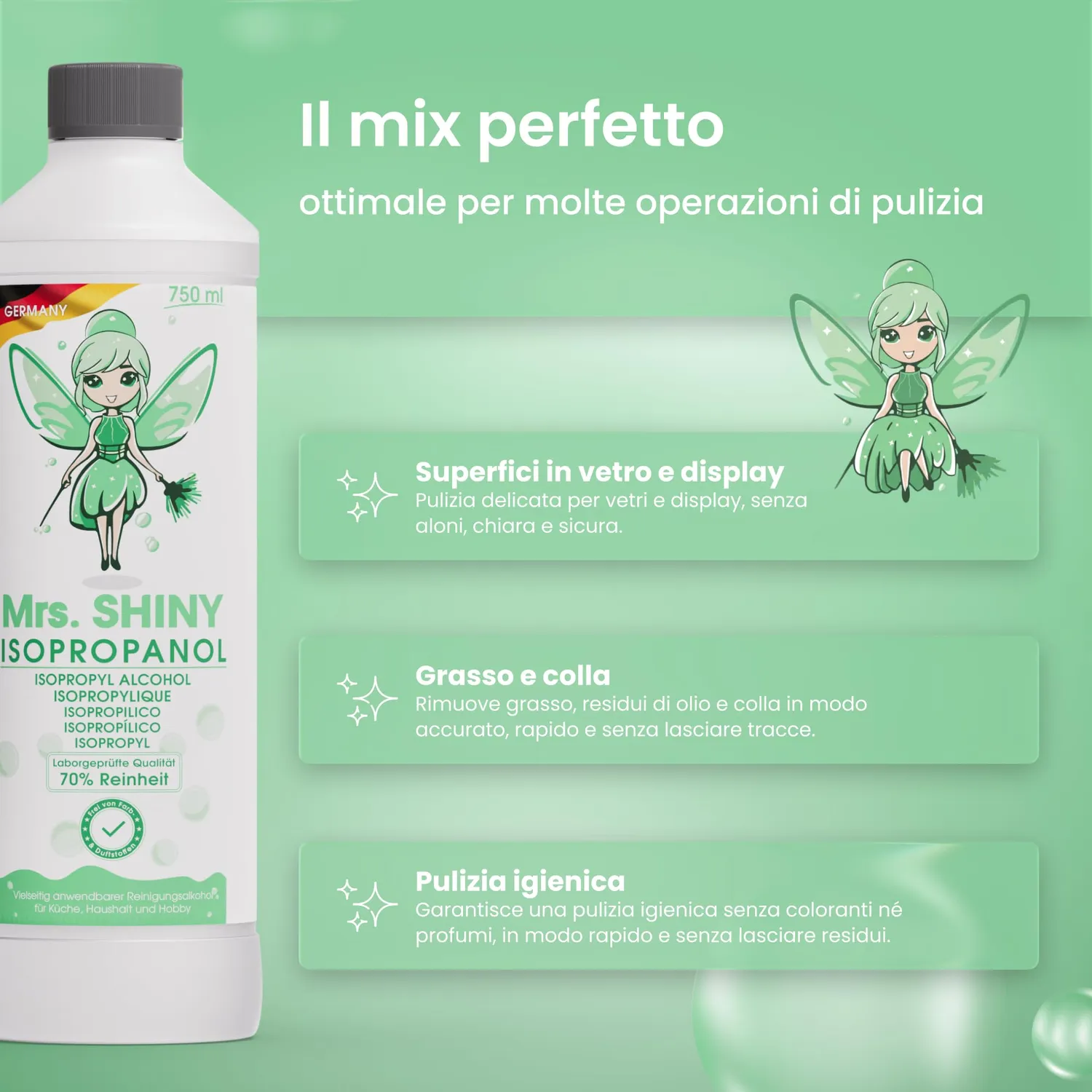 Mrs. Shiny Alcool Isopropilico 70% detergente superfici 750 ml