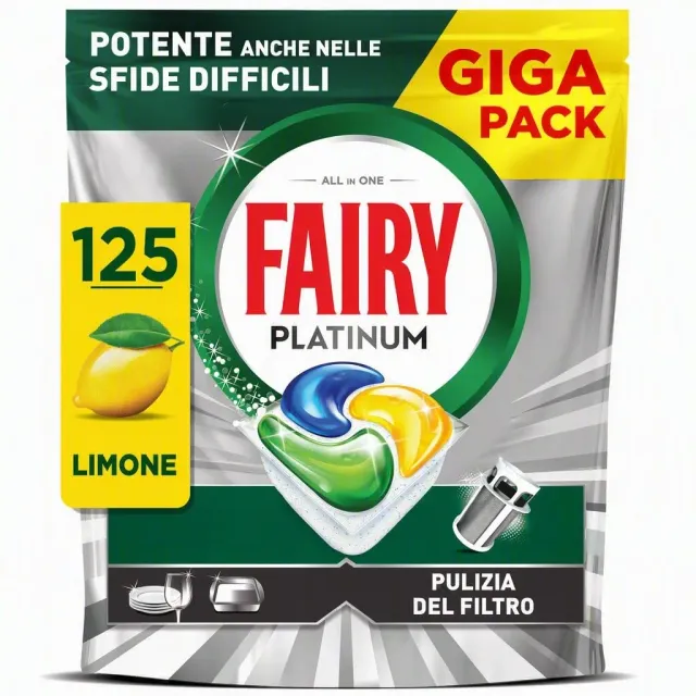 Fairy Platinum Tutto in Uno pastiglie lavastoviglie 125 limone