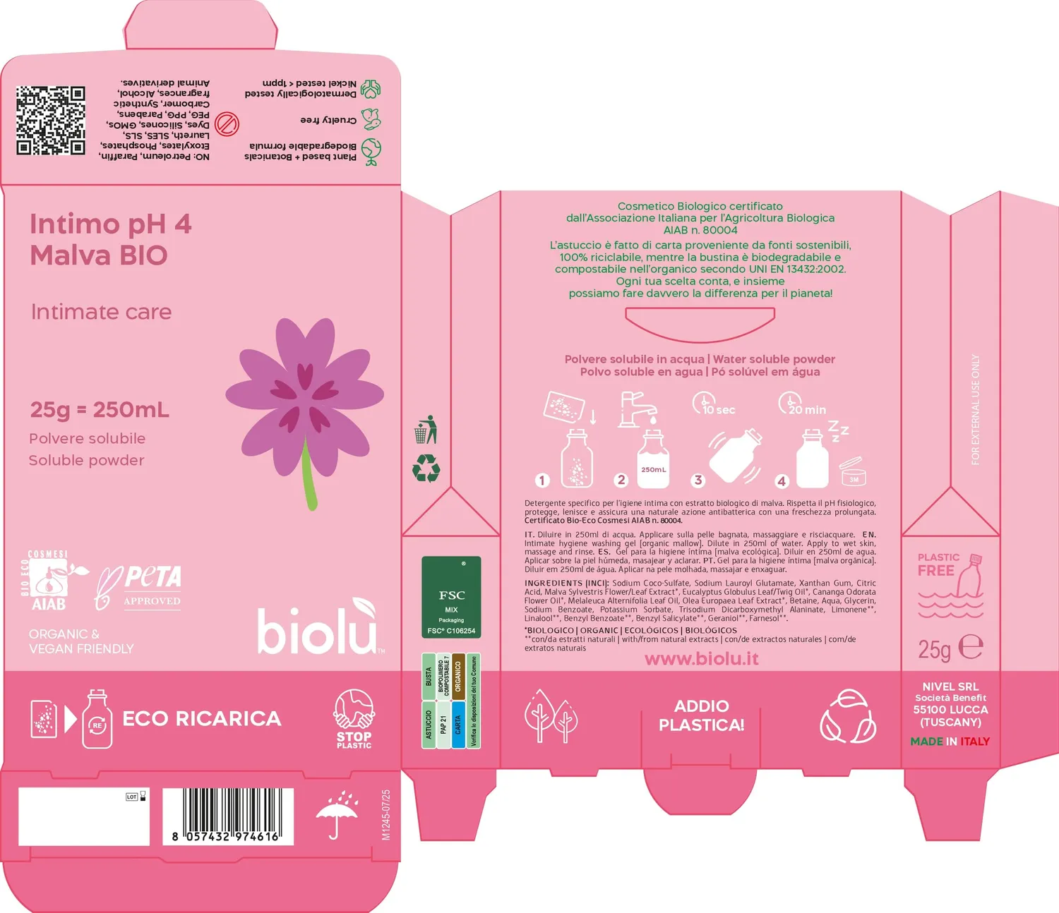 Biolù Intimo pH 4 detergente intimo polvere 25g malva