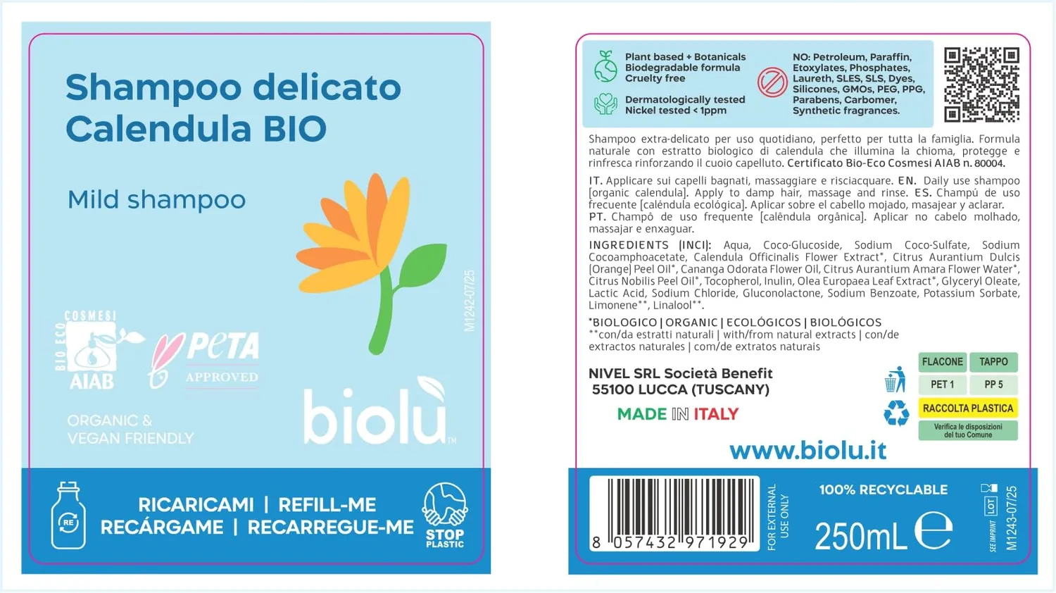 Biolù Calendula shampoo delicato uso frequente 250ml bio