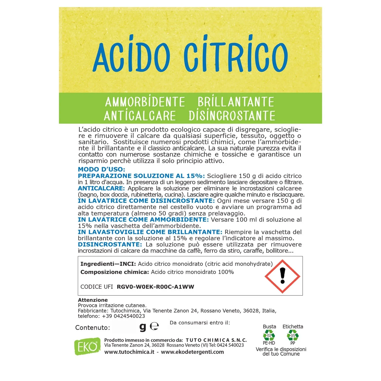 Tuto Chimica Acido Citrico Monoidrato anticalcare 500 g puro