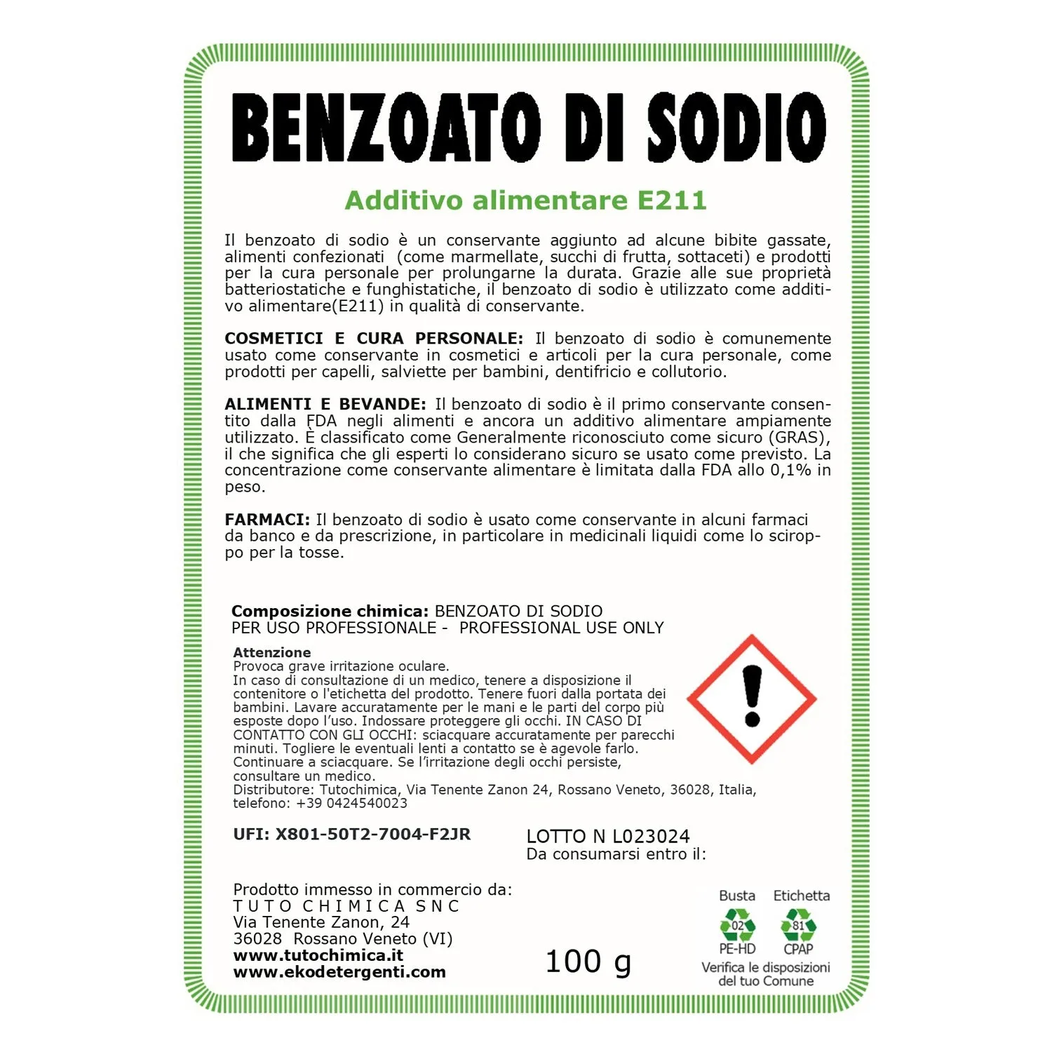 Tuto Chimica Benzoato di Sodio E211 conservante 100g puro