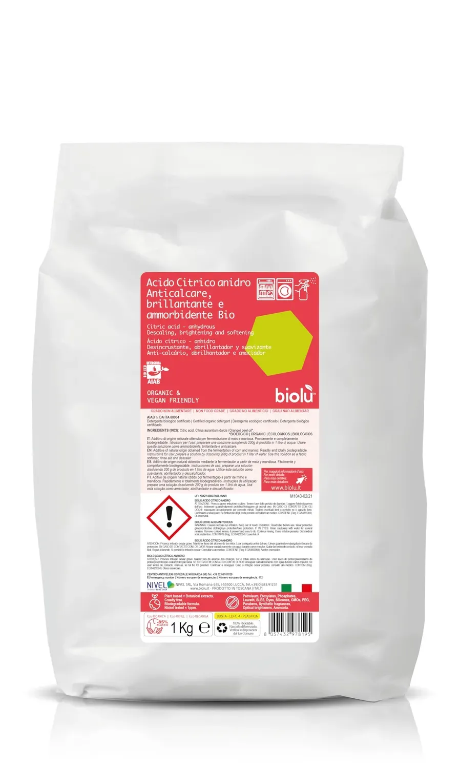 Biolù Acido Citrico Anidro 1kg Bio Anticalcare Arancia