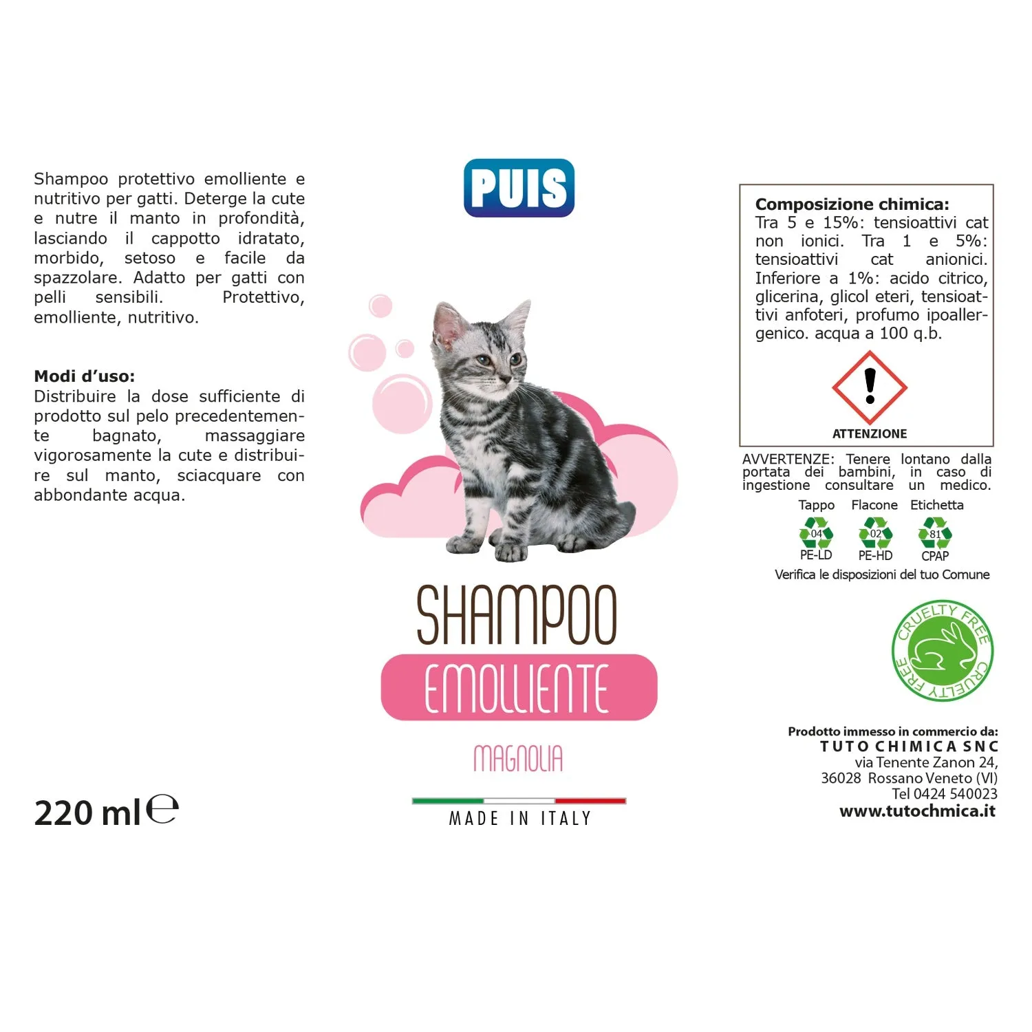 Tuto Chimica Puis Gatto shampoo 220 ml magnolia emolliente