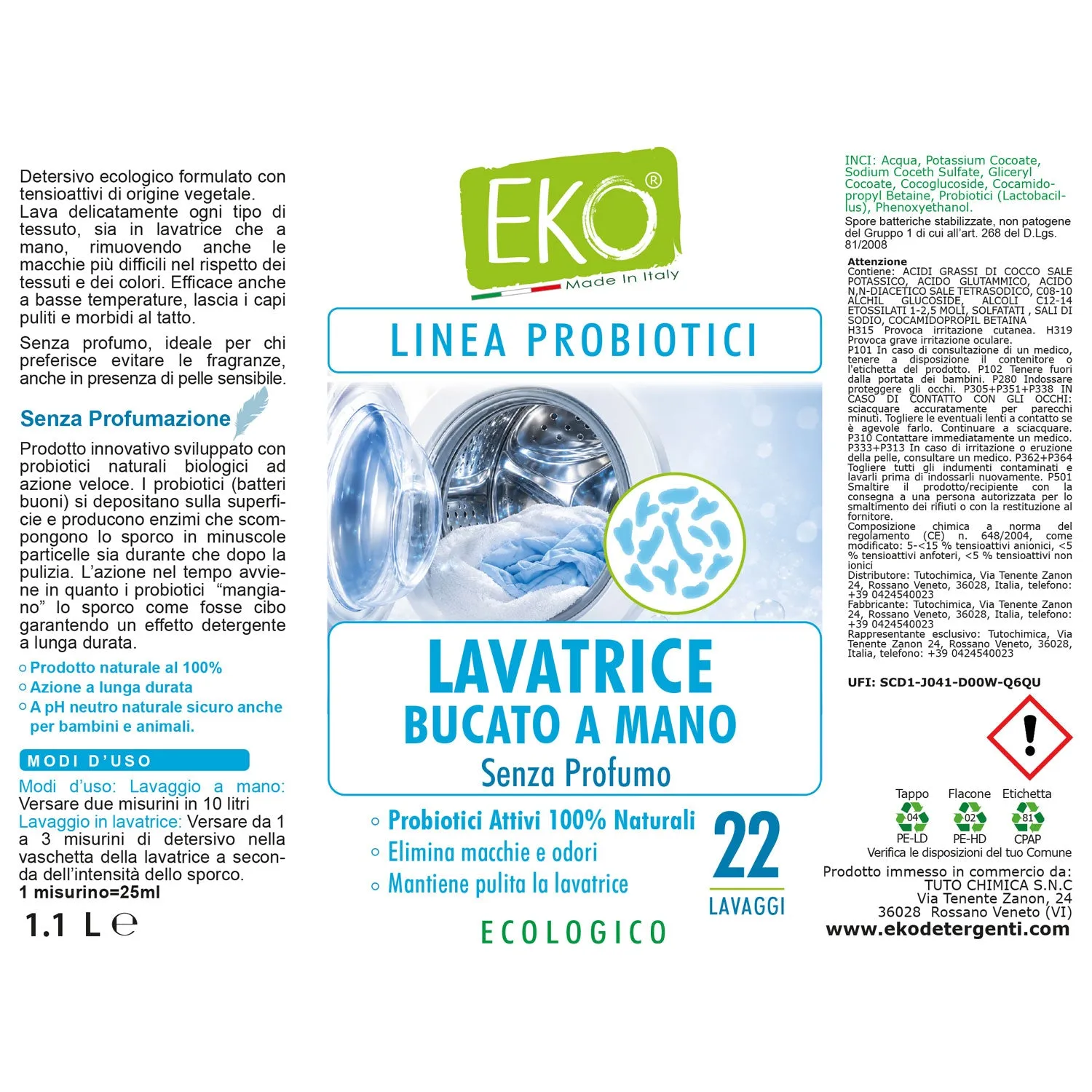 Tuto Chimica Eko detersivo lavatrice probiotici 1,1 L senza profumo