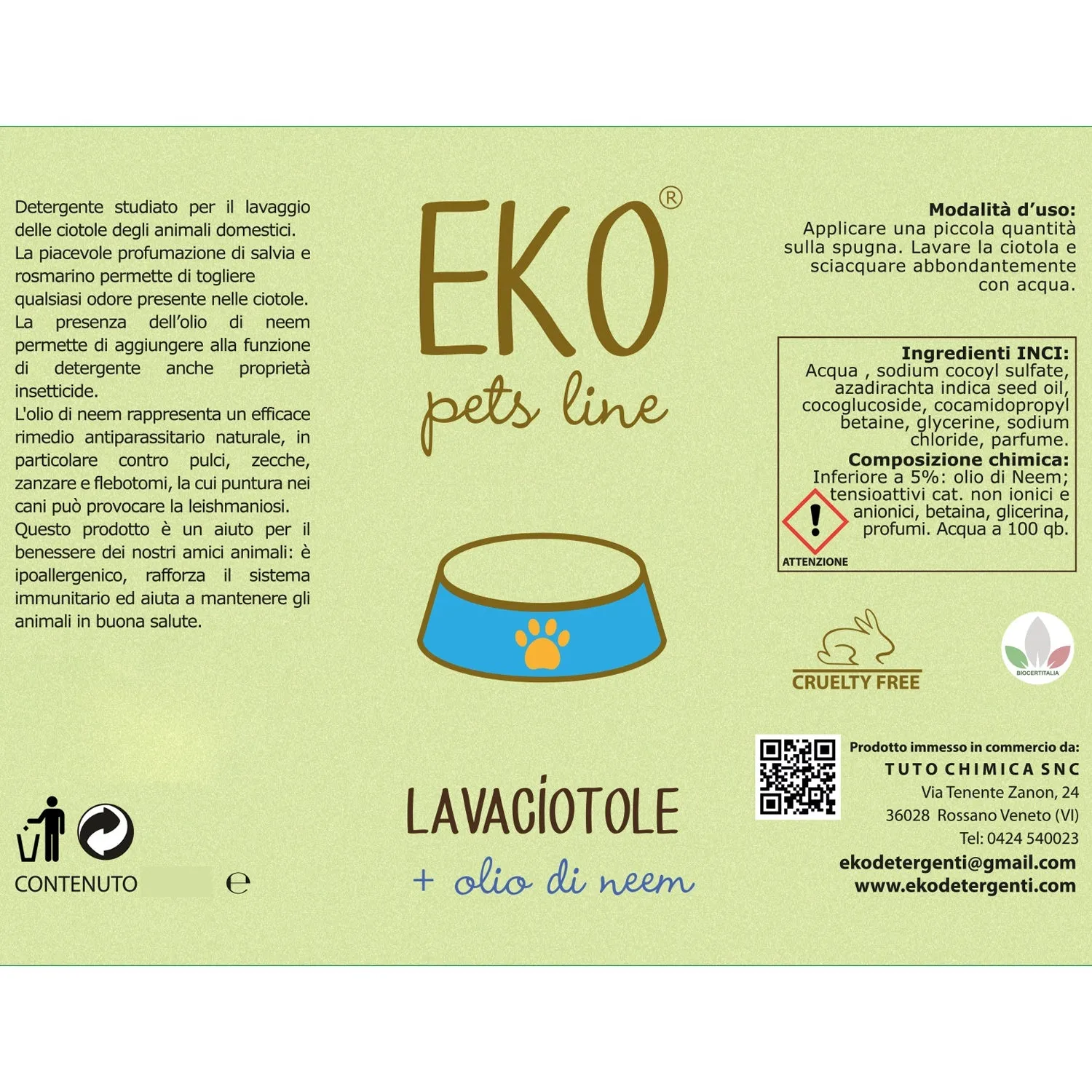 Tuto Chimica Eko Pets lava ciotole 220 ml olio di neem salvia