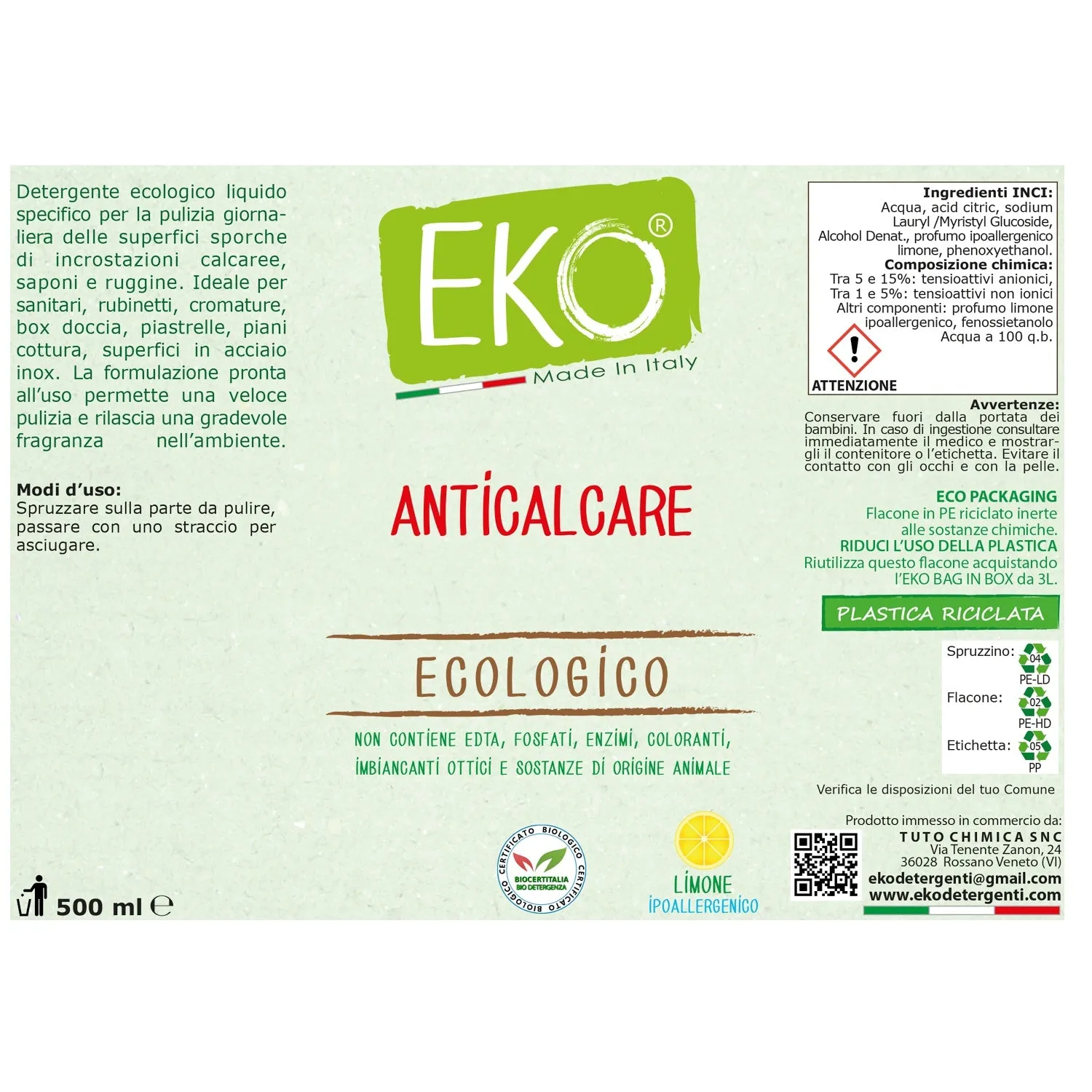 Tuto Chimica Eko Anticalcare Kit 3L+500ml Limone Eco