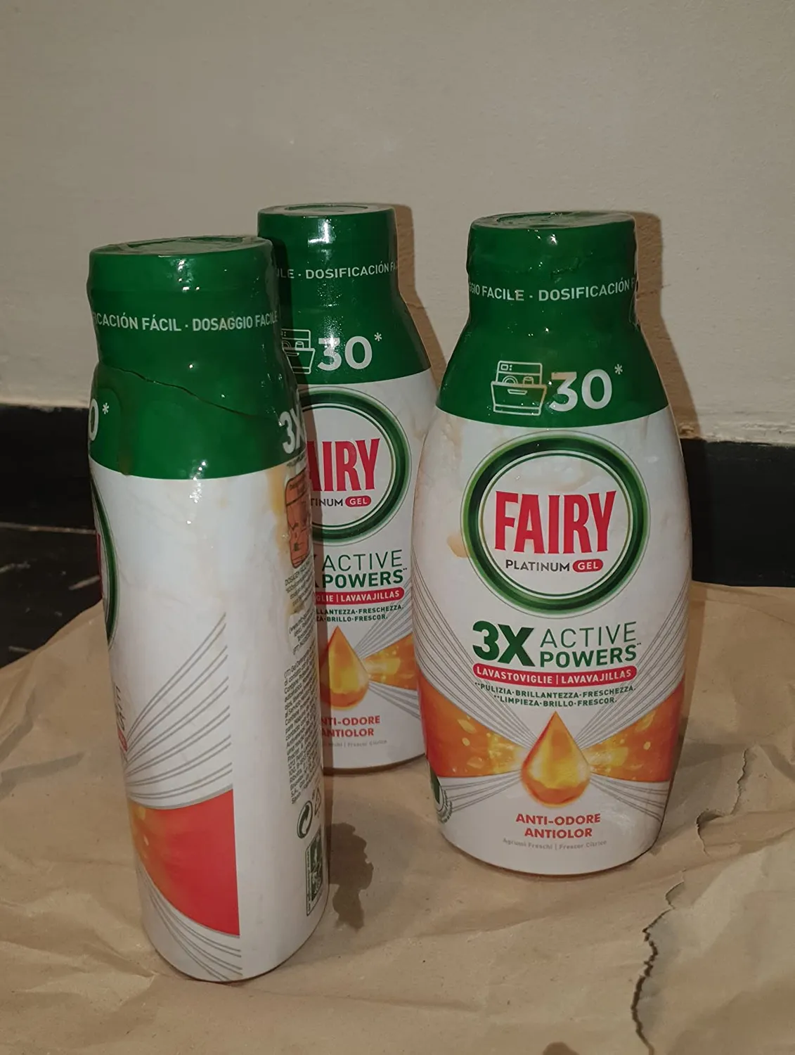 Fairy Platinum gel lavastoviglie limone 3 bottiglie 90 lavaggi
