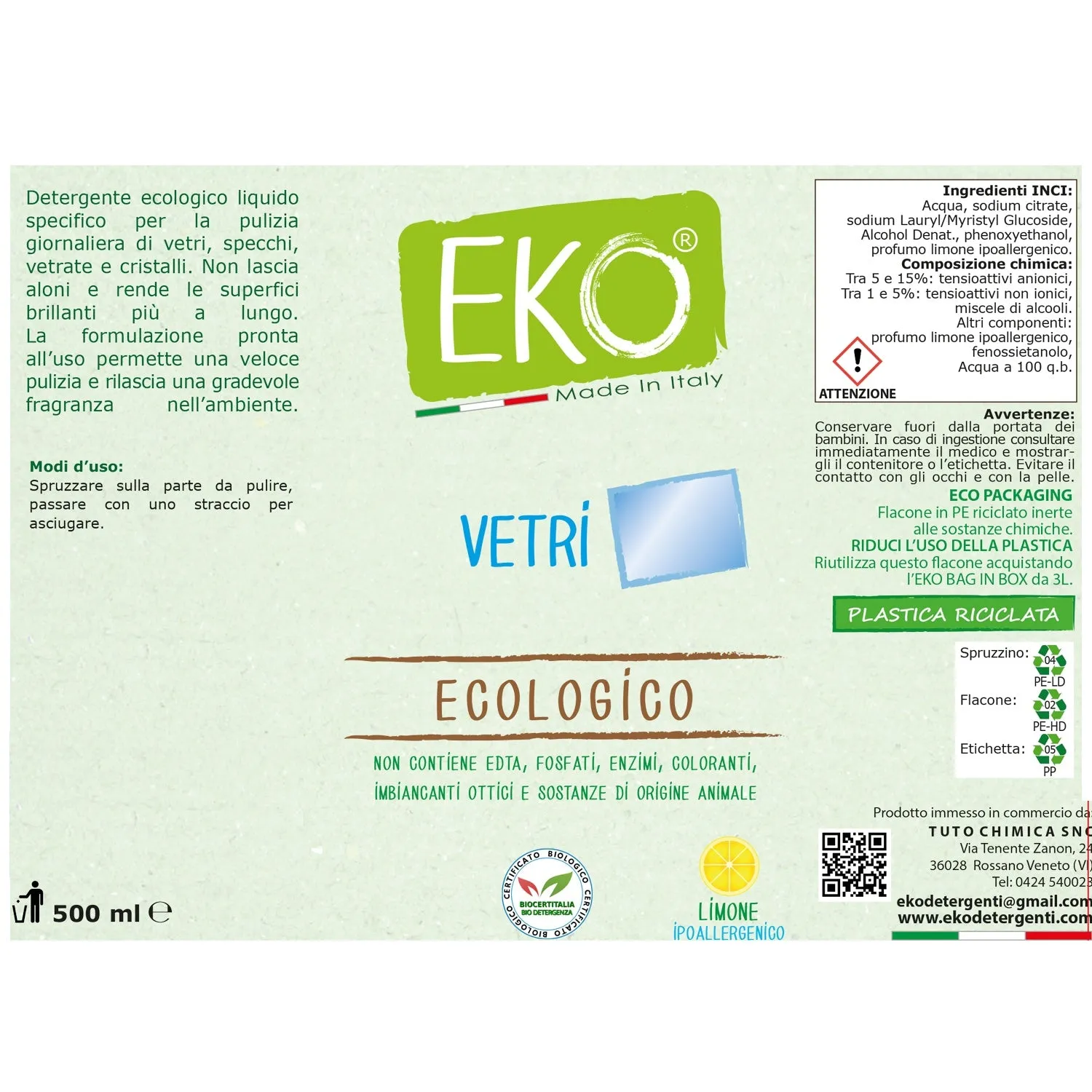 Tuto Chimica Eko detergente vetri kit bag in box limone