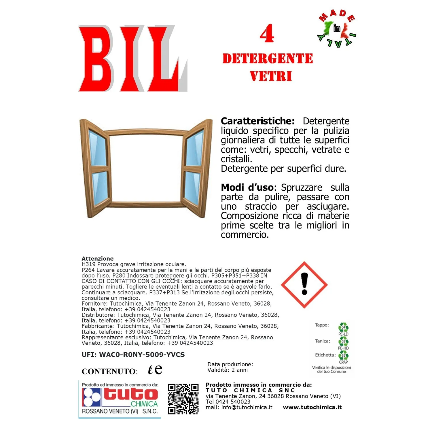 Tuto Chimica Bil 4 detergente vetri 500 ml senza aloni