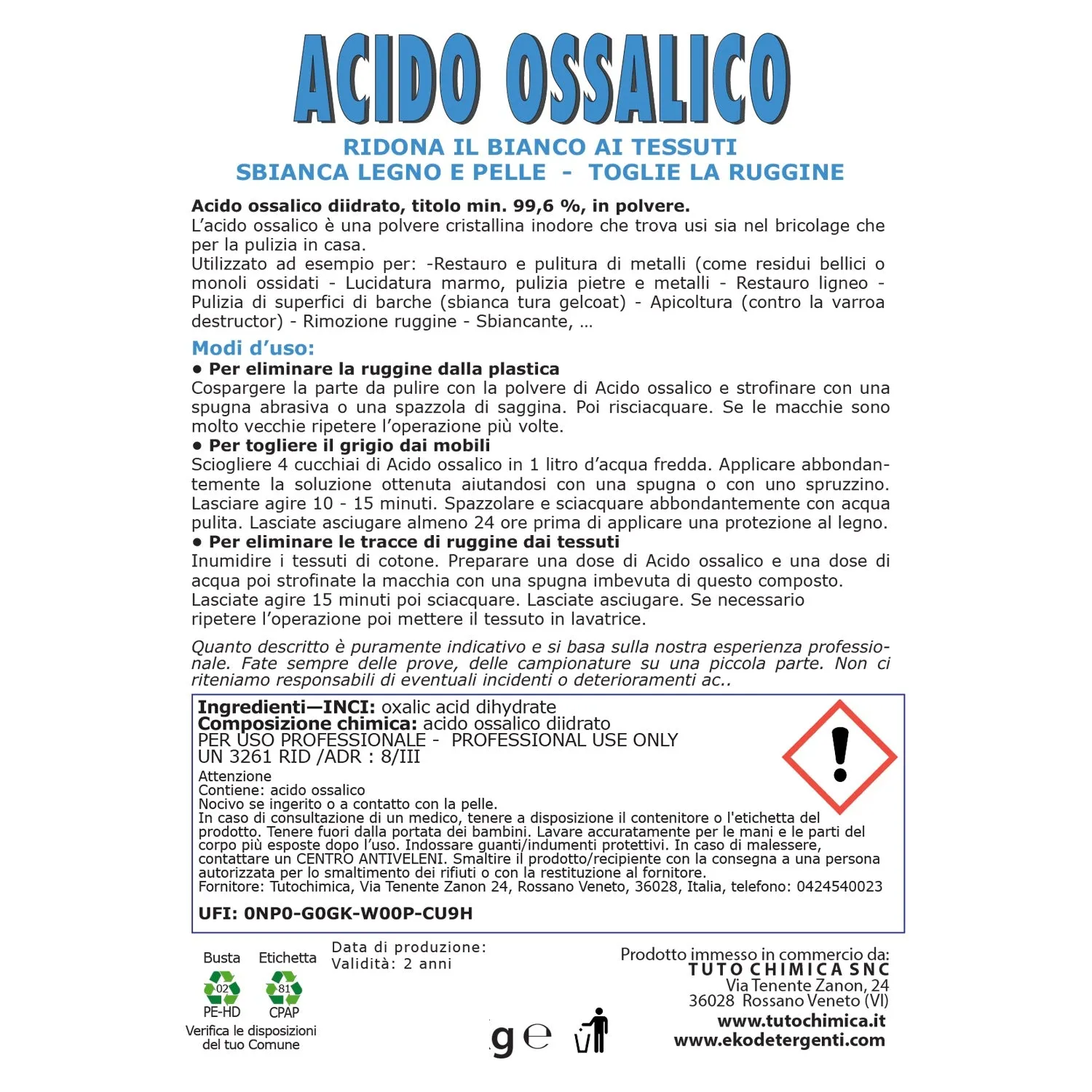 Tuto Chimica Acido Ossalico polvere 500 g puro 99,6%
