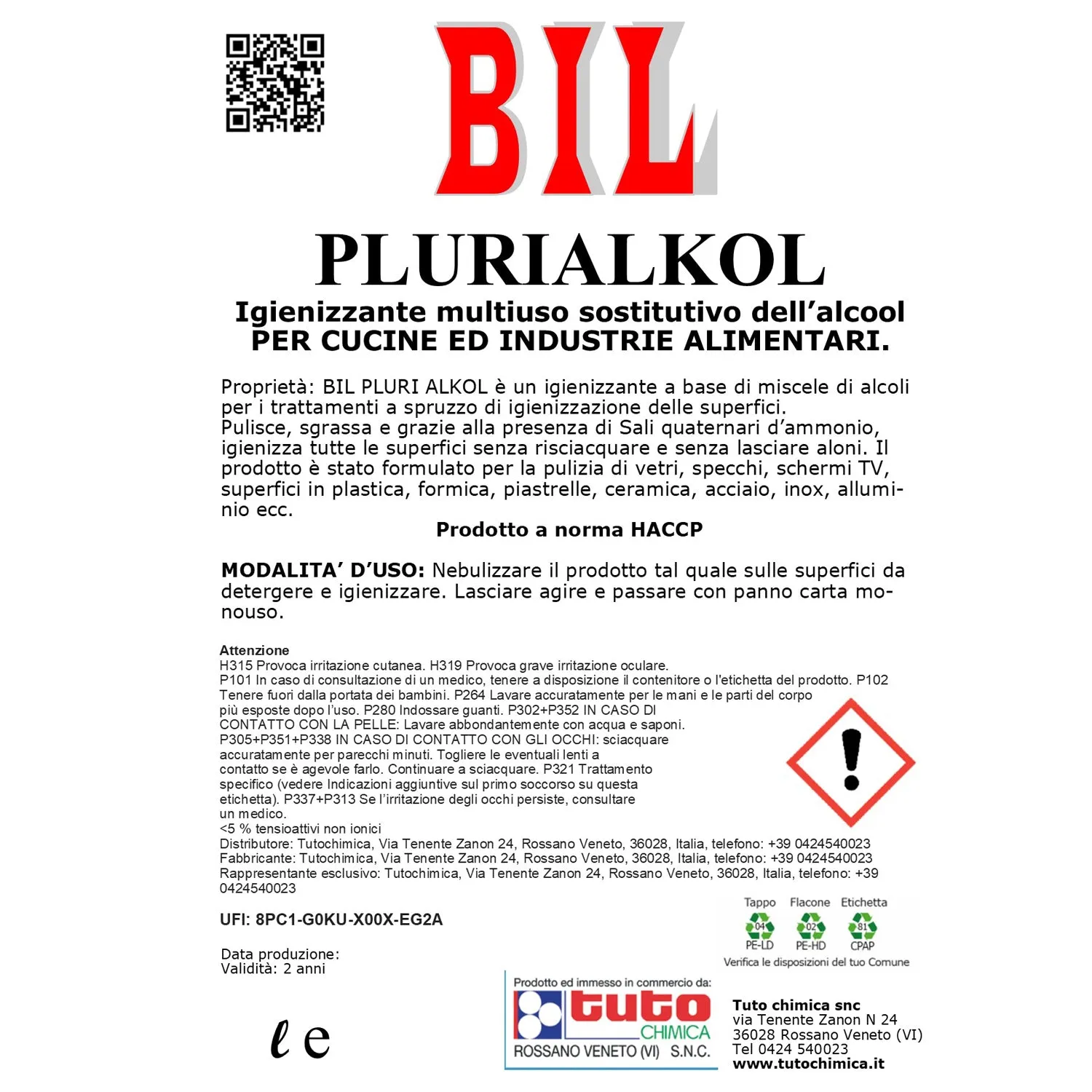 Tuto Chimica Bil Pluri Alkol sgrassatore alcolico 1 L senza risciacquo