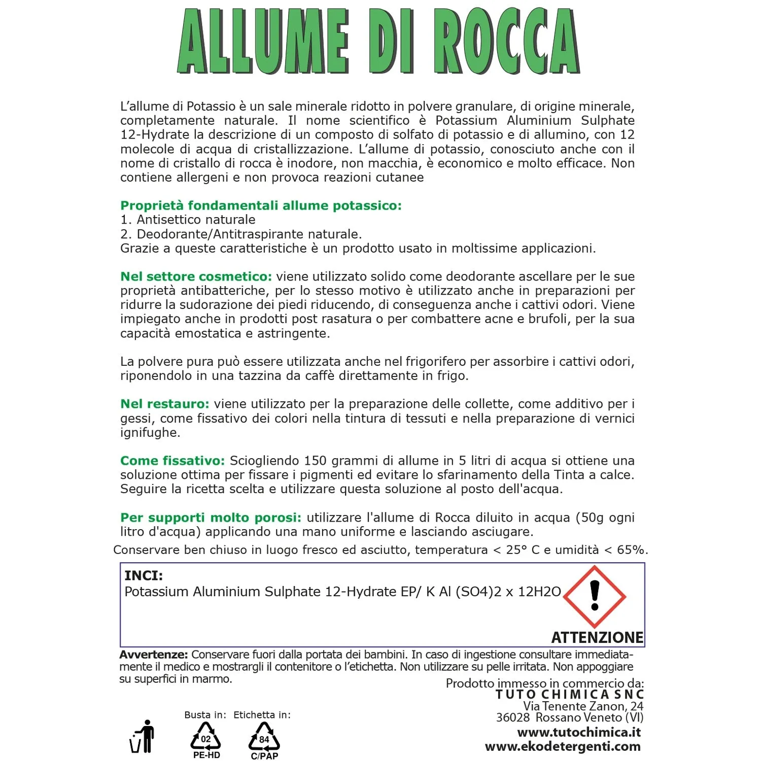 Tuto Chimica Allume di Rocca in polvere busta 500 gr naturale