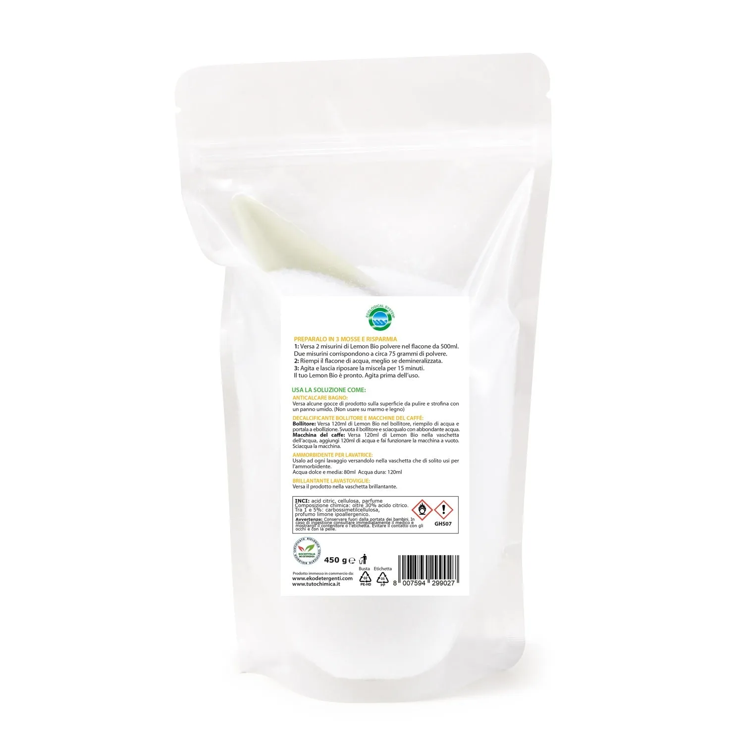 Tuto Chimica Eko Lemon Bio anticalcare ricarica 450g acido citrico