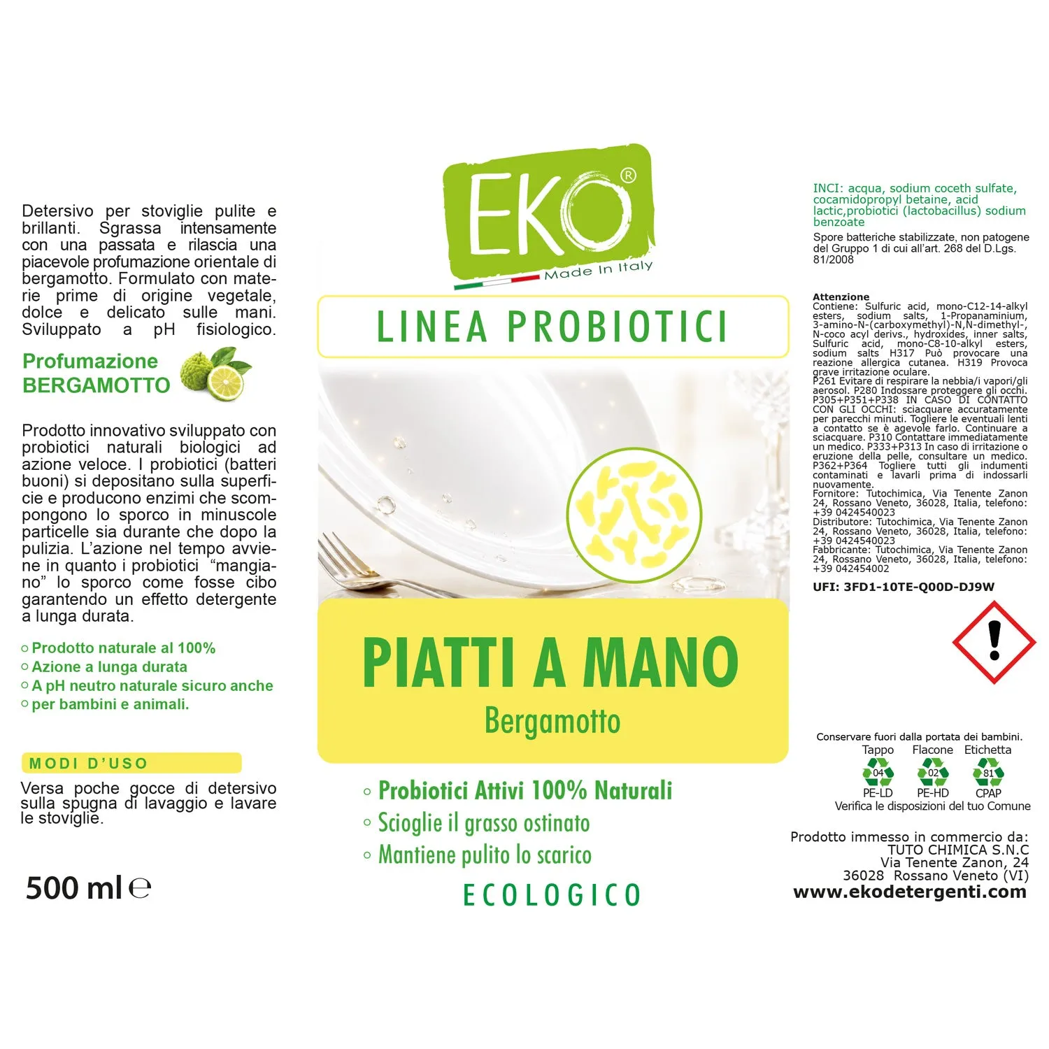 Eko detersivo piatti probiotici 500ml bergamotto pH neutro