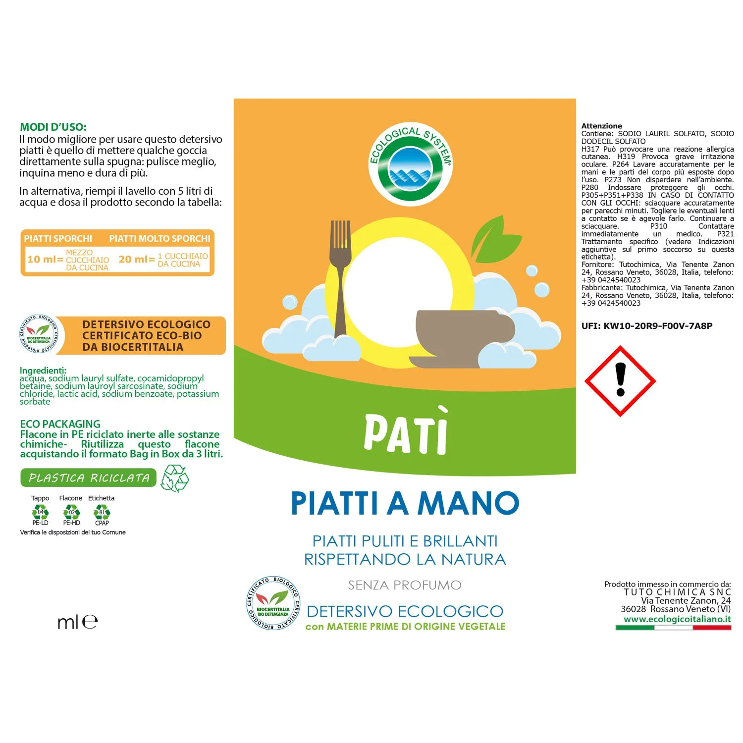 Tuto Chimica Patì detersivo piatti ecologico 500ml senza profumo