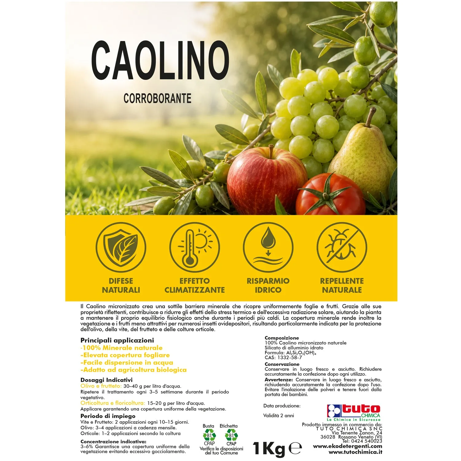 Tuto Chimica Caolino micronizzato polvere 1kg agricoltura